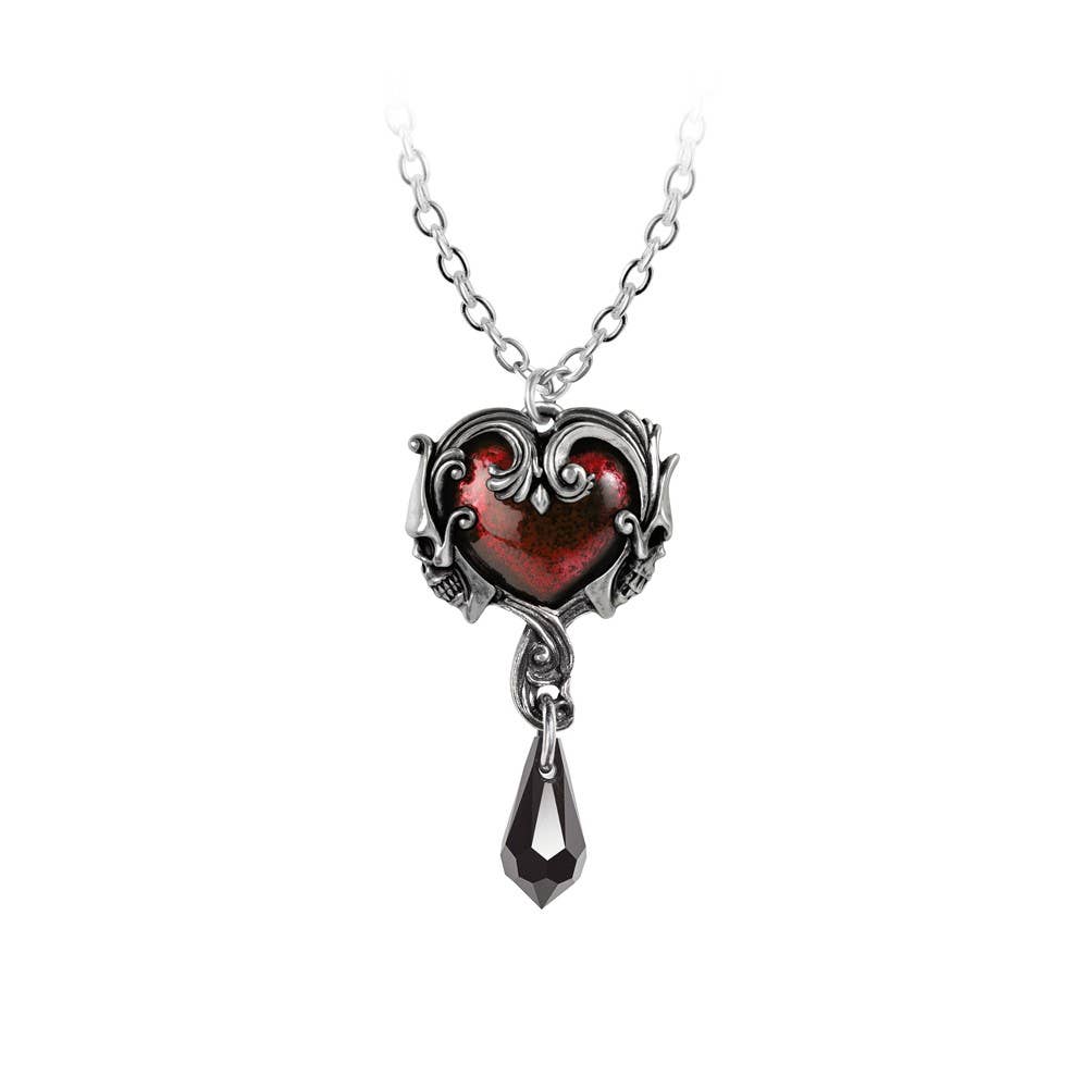 Heart-shaped pendant with red center and silver chain on white background