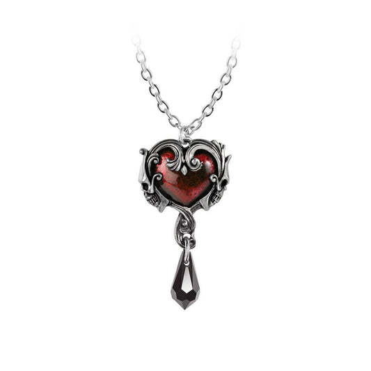Heart-shaped pendant with red center and silver chain on white background