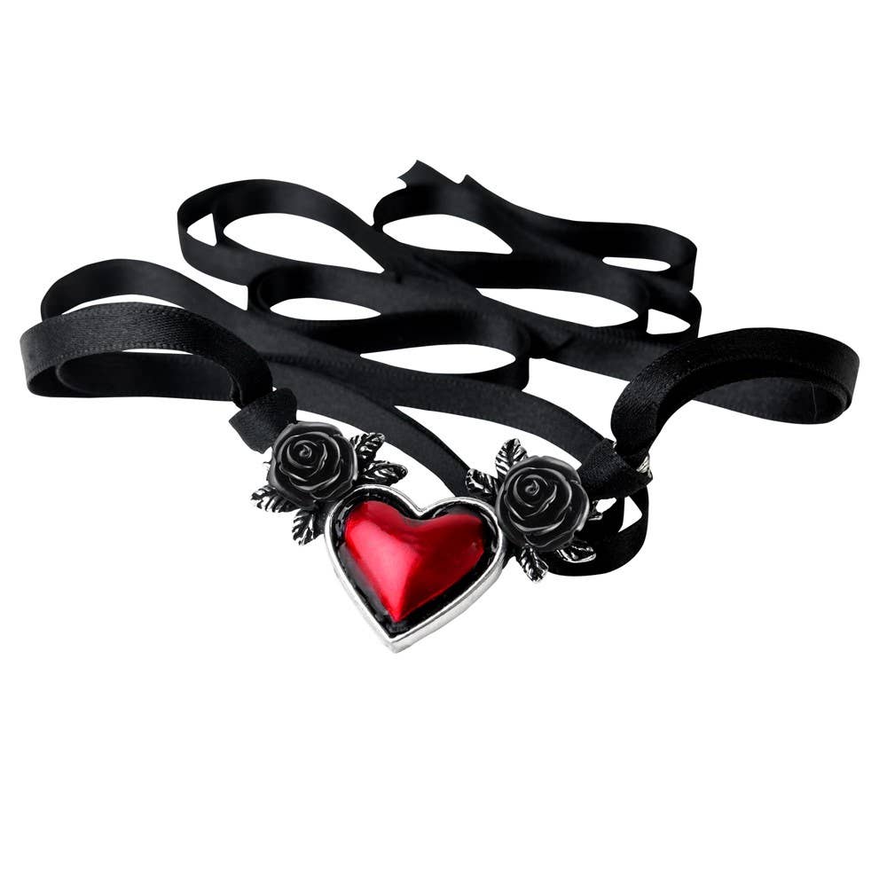 Black ribbon choker with a red heart and black roses on a white background