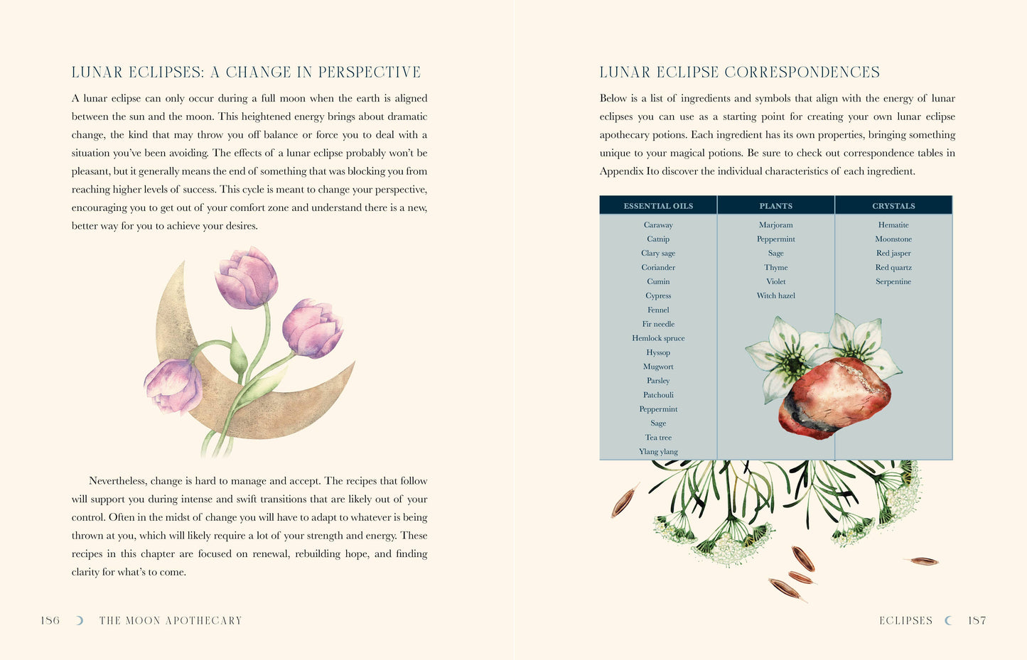 Page from a book about lunar eclipses with illustrations and text.