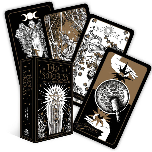 Tarot cards from the 'Sorceress' deck with a box in the center on a white background