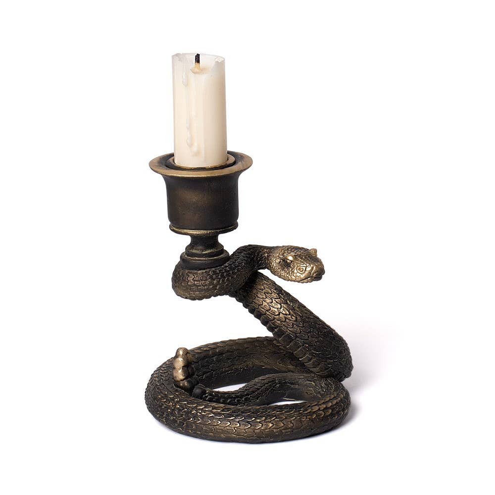 Decorative candle holder with snake design on a white background