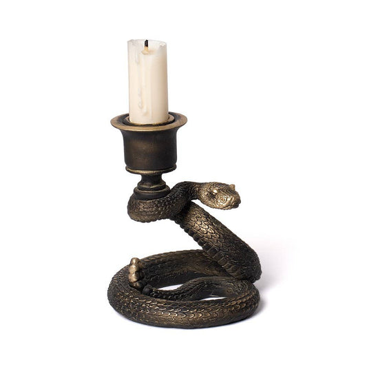 Decorative candle holder with snake design on a white background