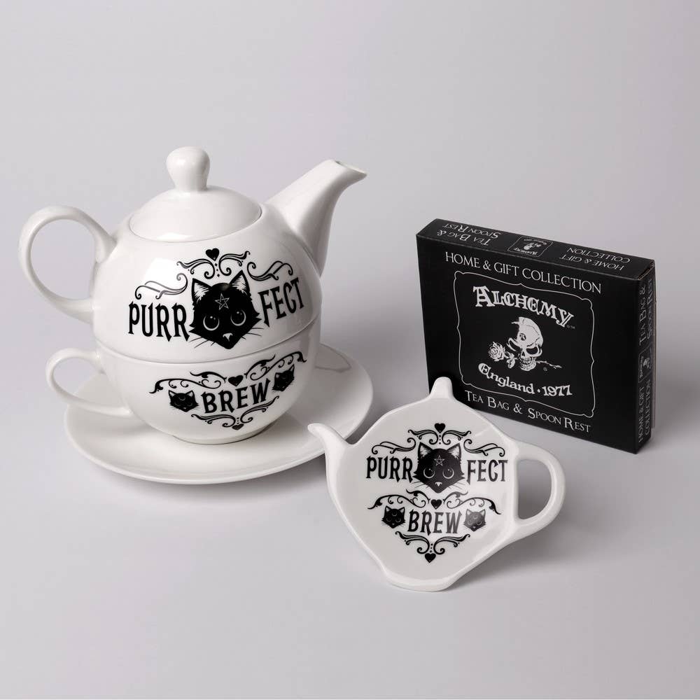 Teapot, tea bag holder, and box with 'Purrfect Brew' design on a light gray background