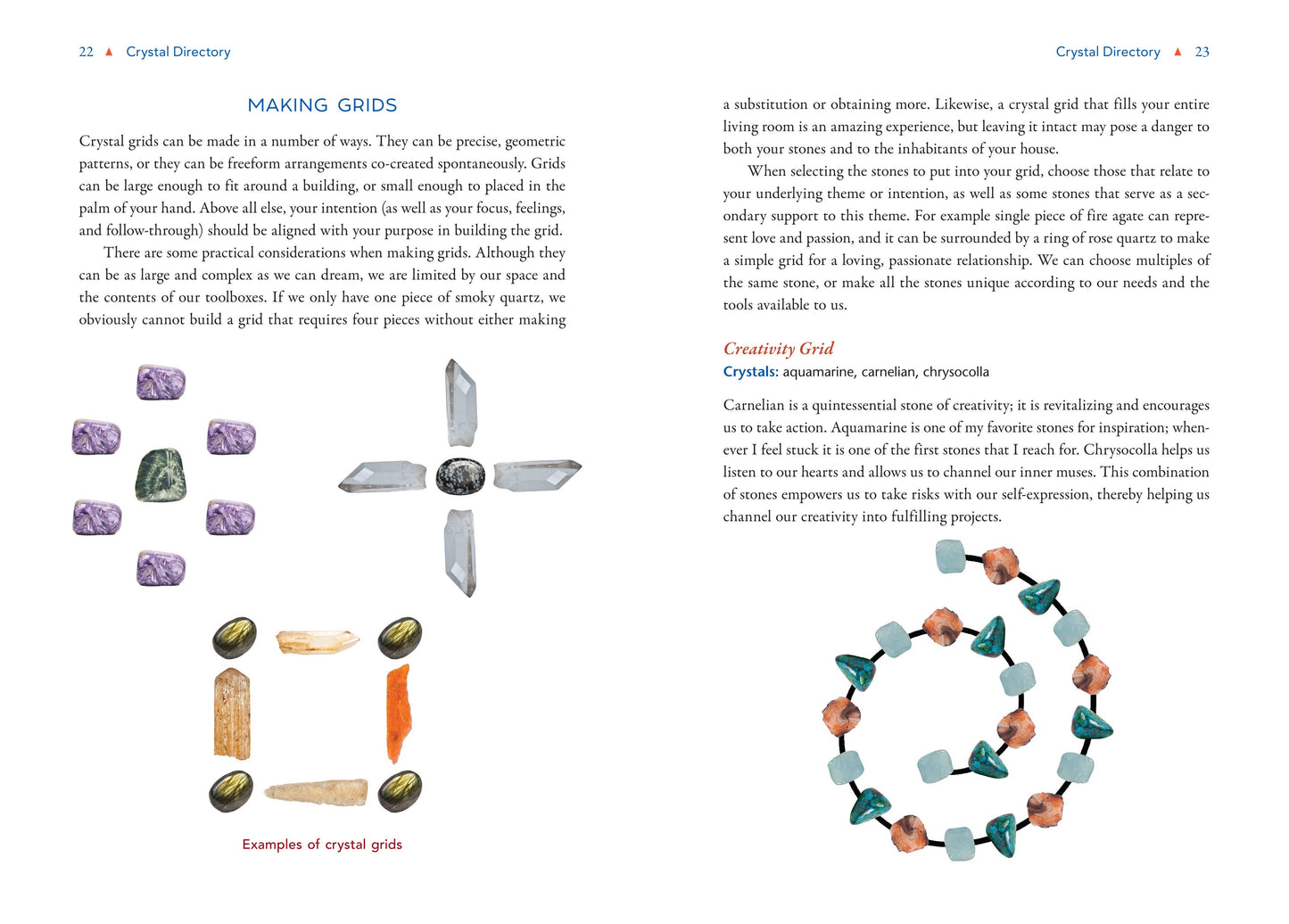 Page from a book or magazine about crystal grids with text and illustrations.
