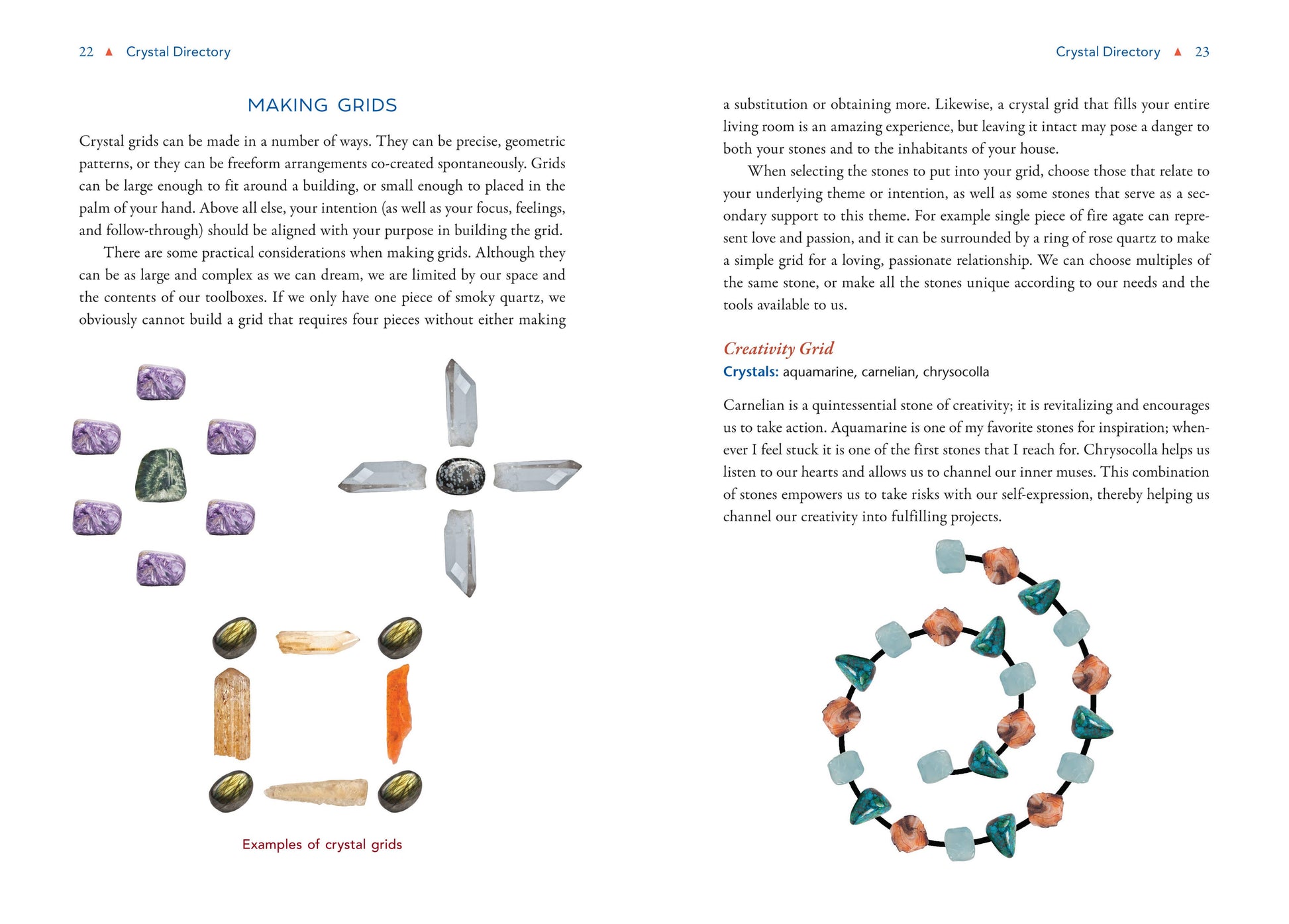 Page from a book or magazine about crystal grids with text and illustrations.