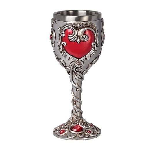 Decorative goblet with a red heart and silver detailing on a white background