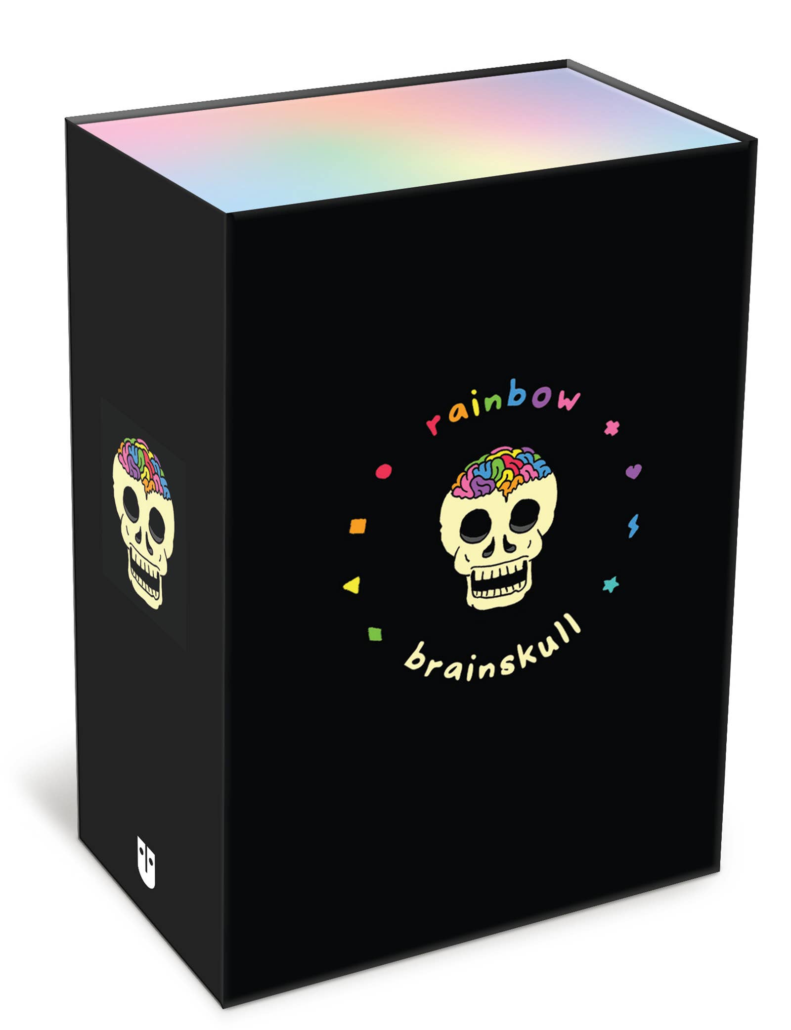 Black box with colorful skull design and 'rainbow brainskull' text on a white background
