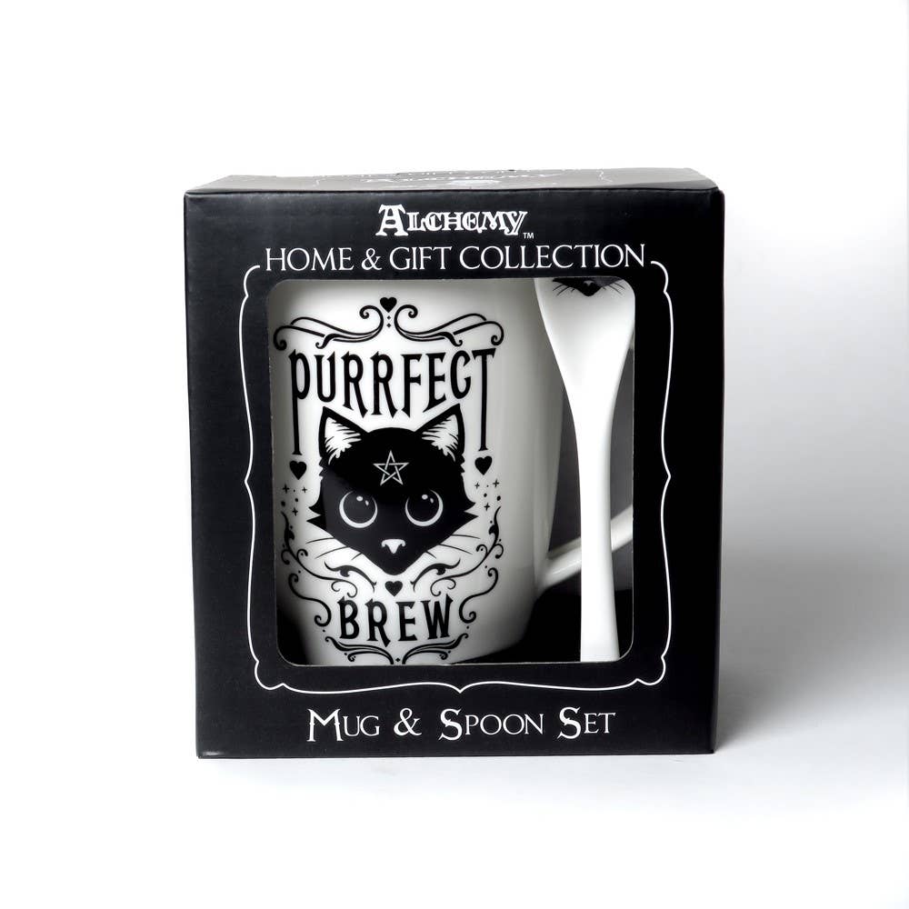 Mug and spoon set packaging with cat design and 'Purrfect Brew' text, branded as Alchemy Home & Gift Collection.