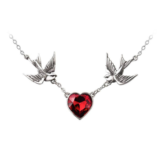 Necklace with two swallows and a red heart pendant on a white background