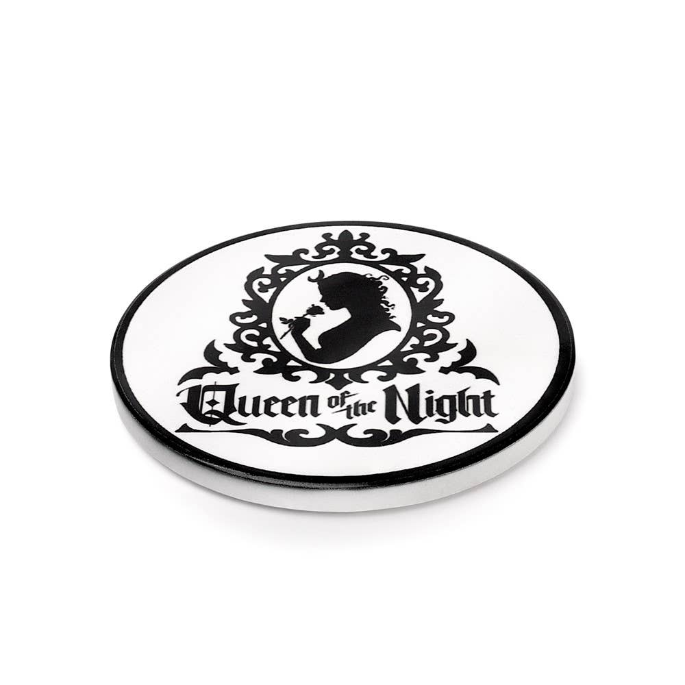 Circular black and white emblem with 'Queen of the Night' text and silhouette on a white background