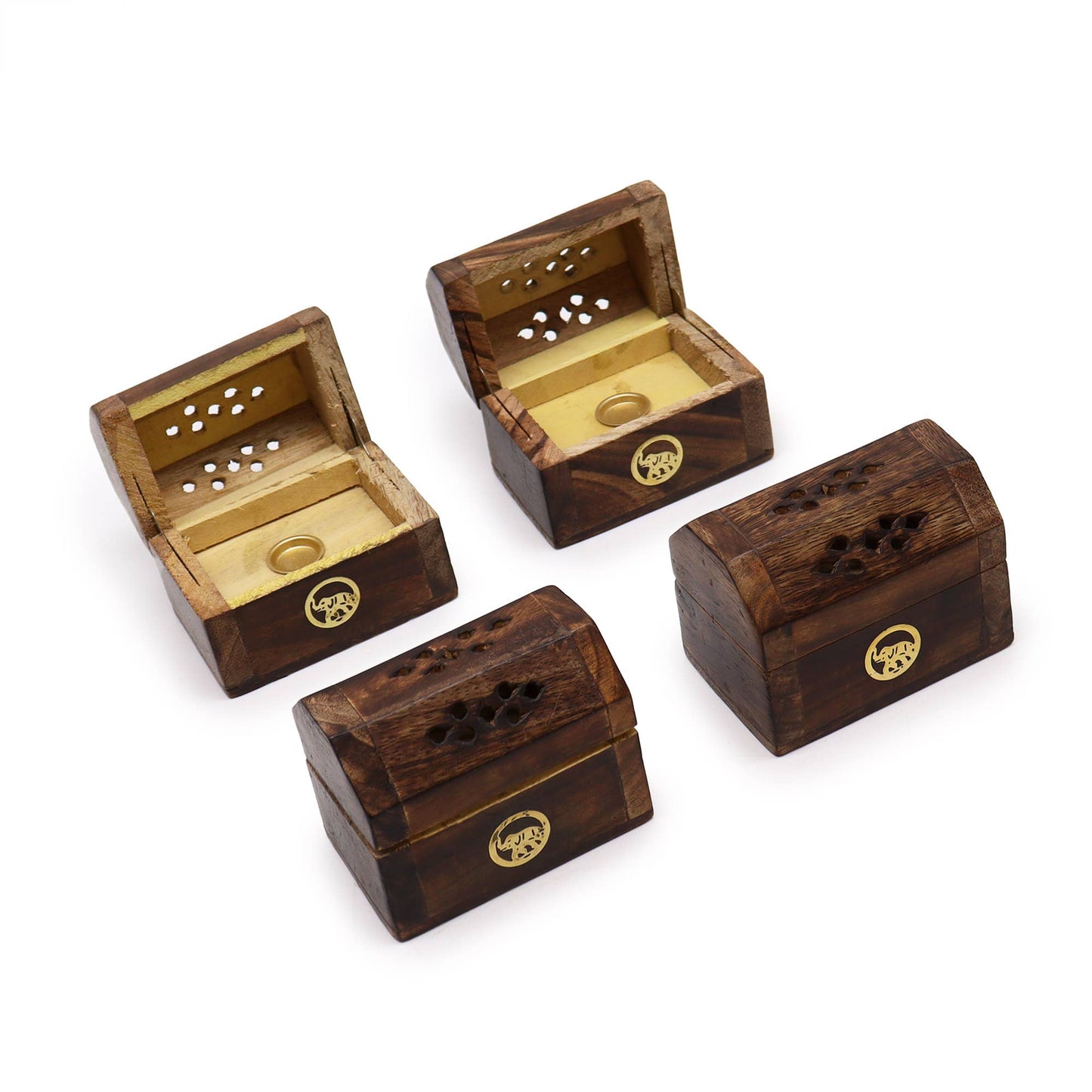 Set of four wooden incense holders with gold interiors on a white background
