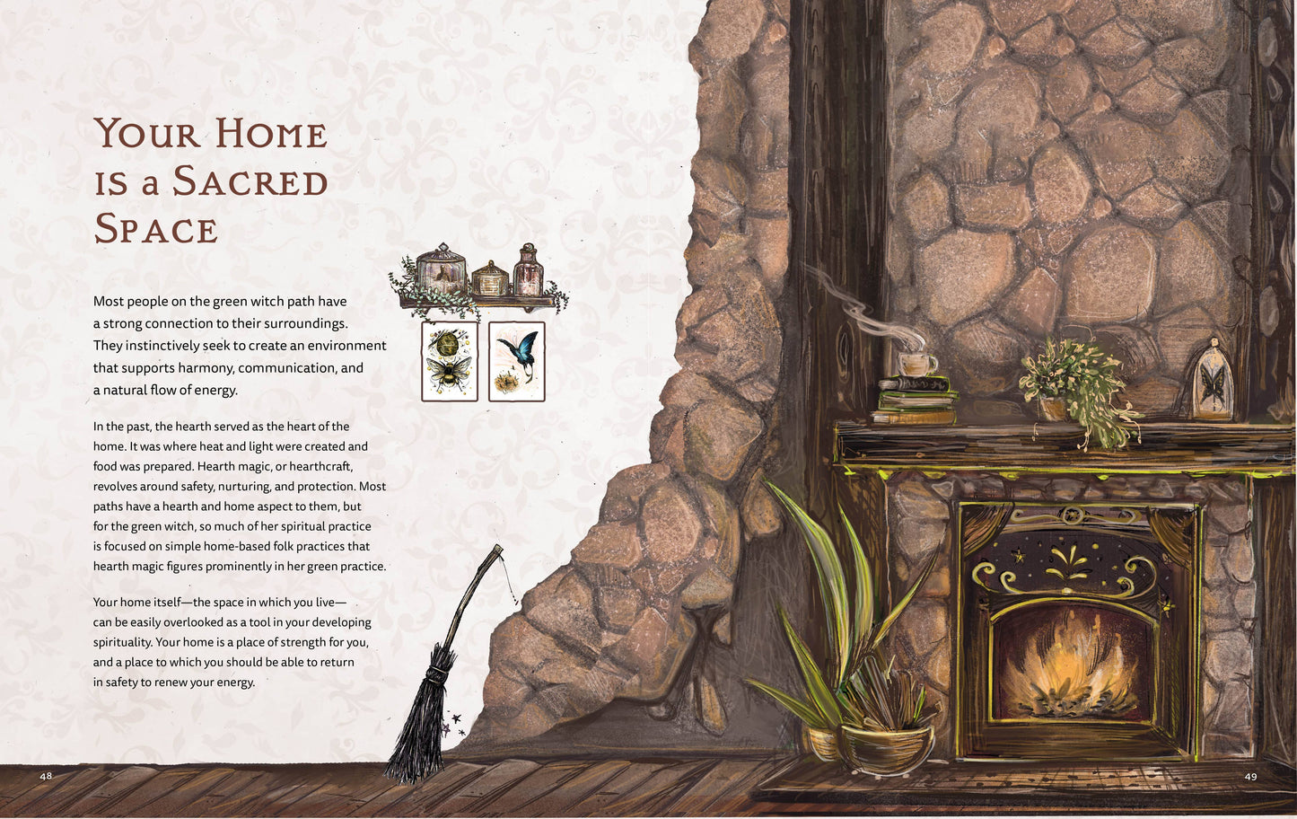 Decorative interior design with a fireplace, plants, and stone wall.