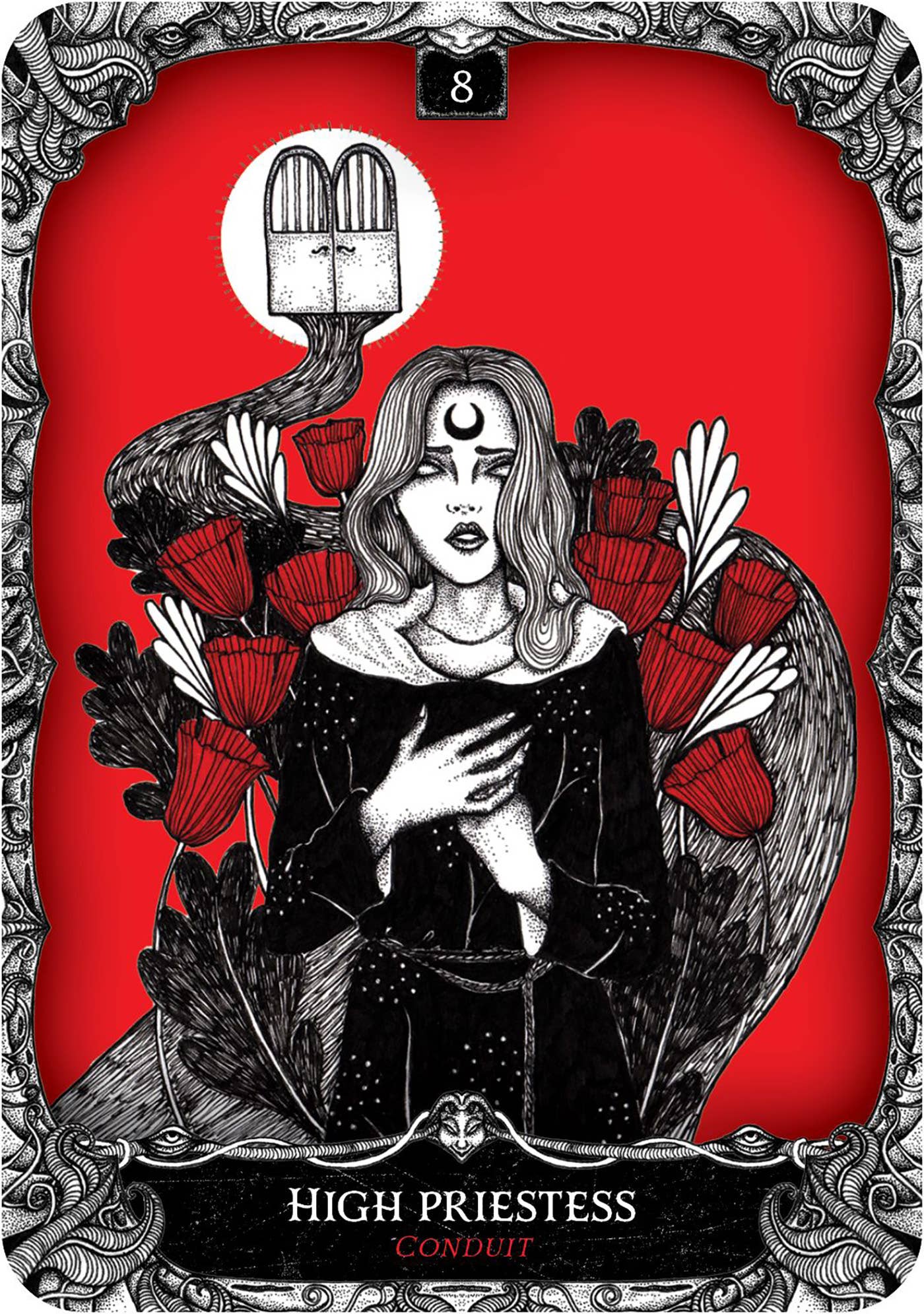 Tarot card featuring a high priestess with red background and intricate border