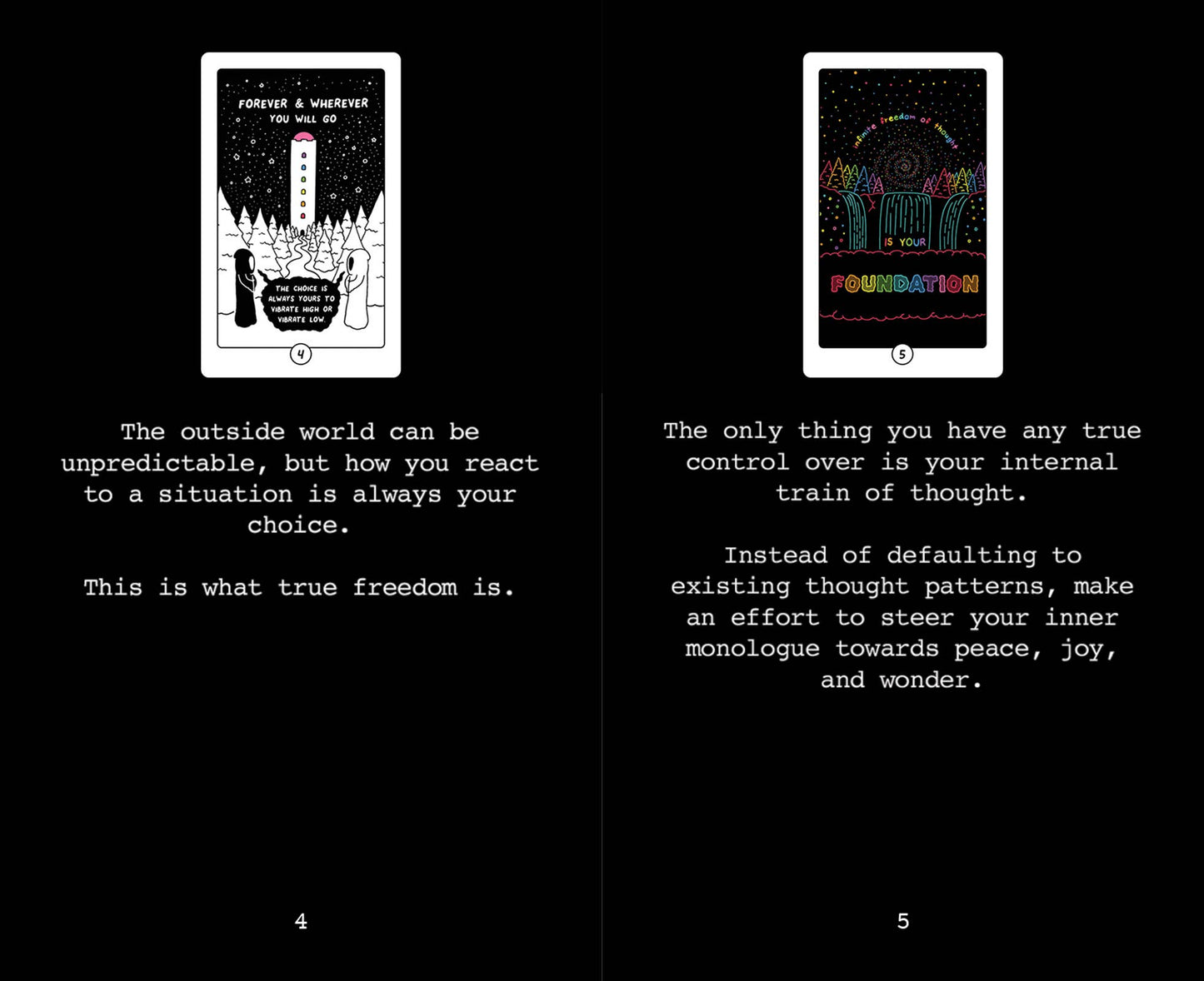 Two digital screens displaying motivational text and graphics on a black background.