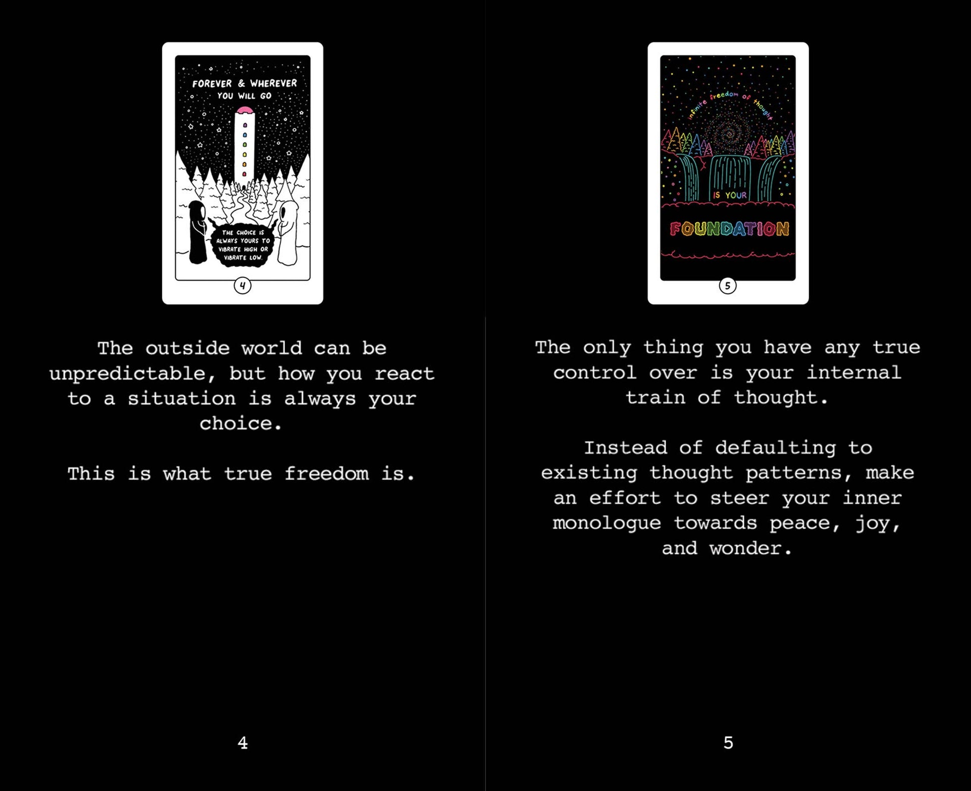 Two digital screens displaying motivational text and graphics on a black background.