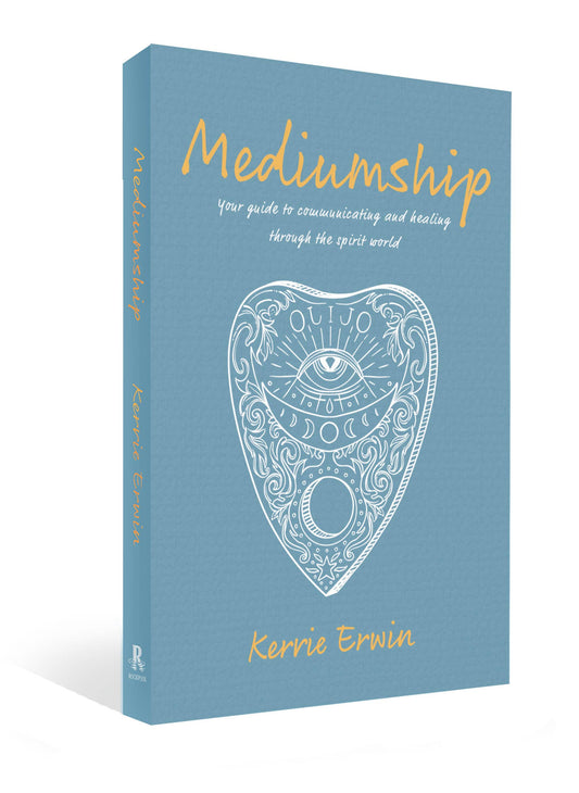 Book titled 'Mediumship' by Kerrie Erwin on a light blue background