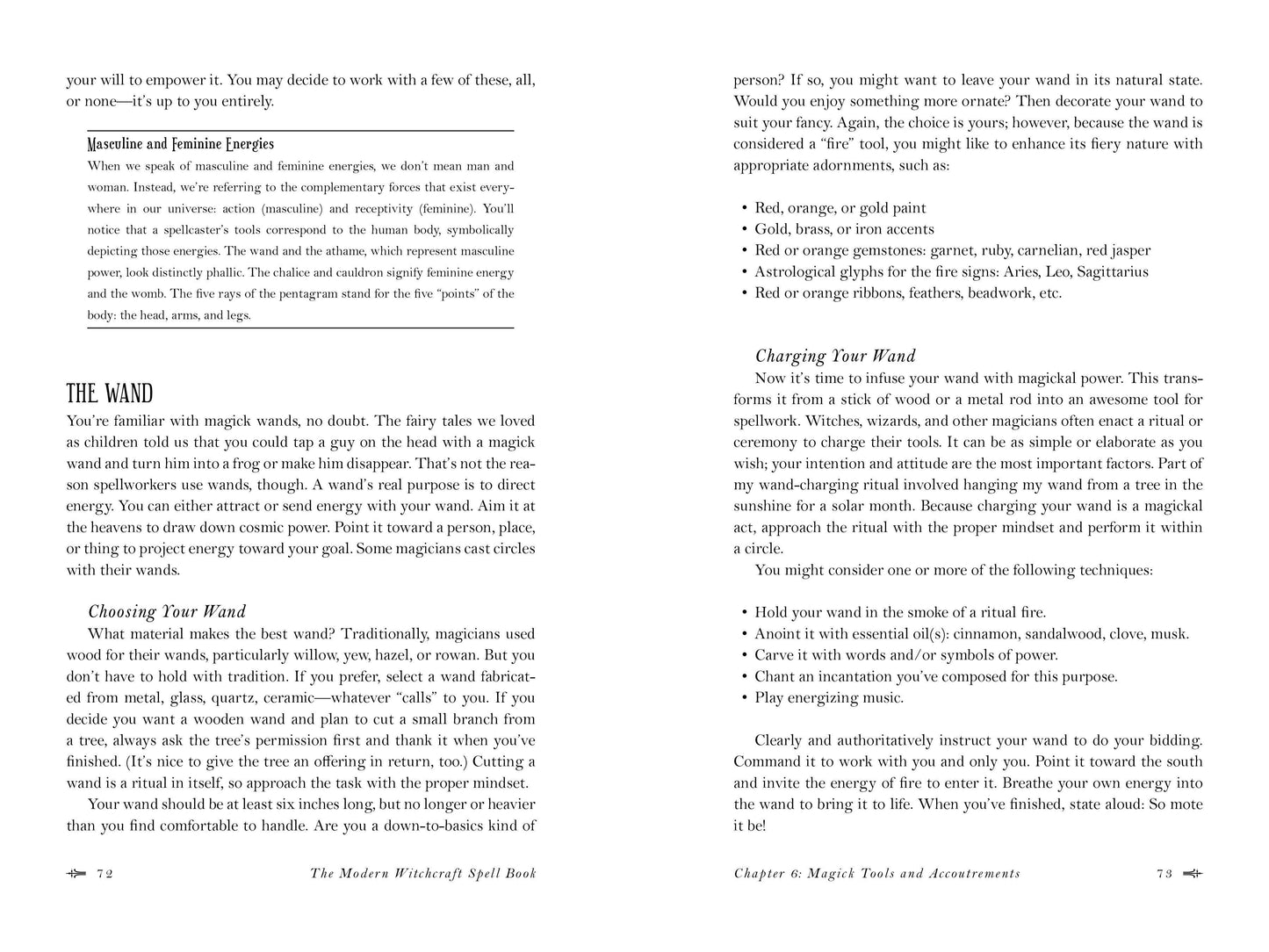 Page from a book titled 'The Modern Witchcraft Spell Book' with text on wands and charging a wand.