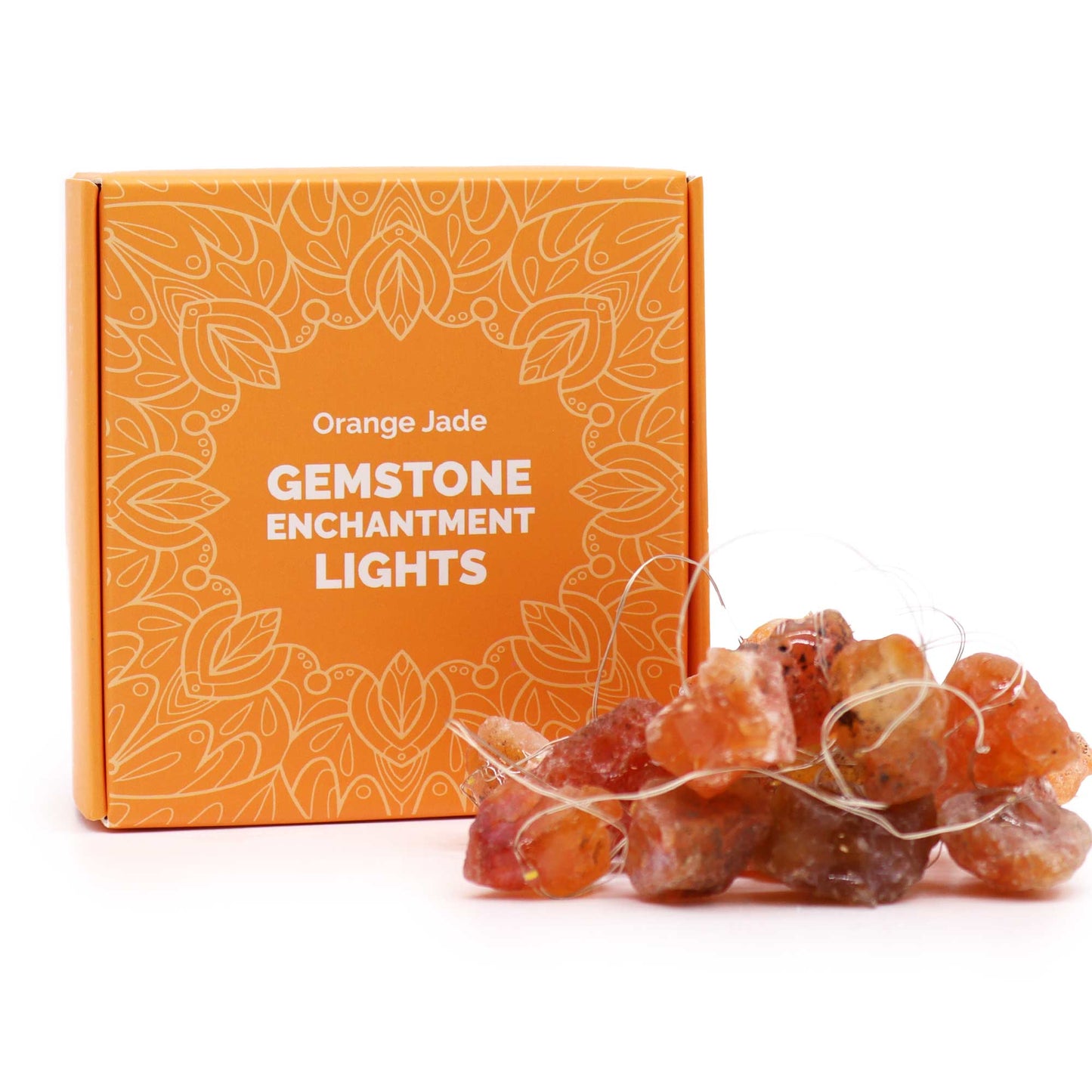 Orange Jade gemstone enchantment lights with orange box on white background