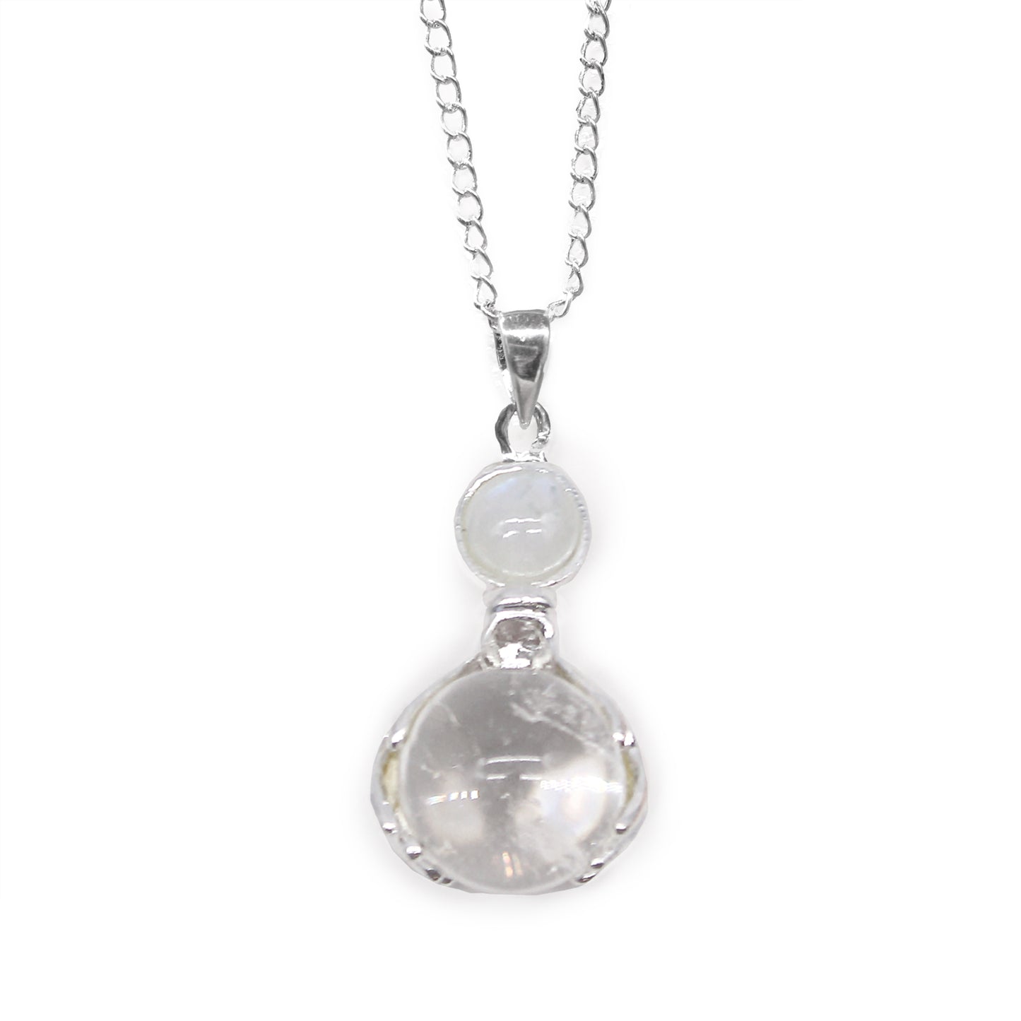 Silver necklace with two clear gemstone pendants on a white background