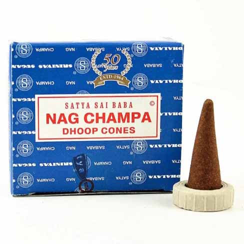 Box of Satya Sai Baba Nag Champa Dhoop Cones with a single cone on a white background