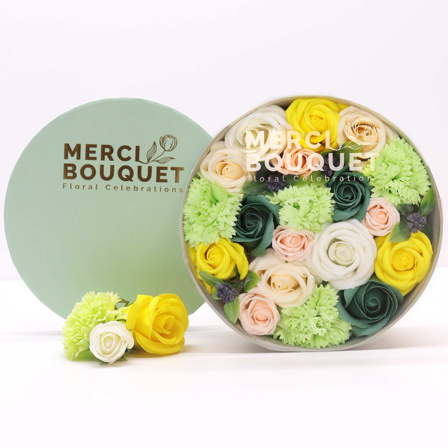 Soap Flower Gift Round Box - Spring Celebrations in Yellow & Greens