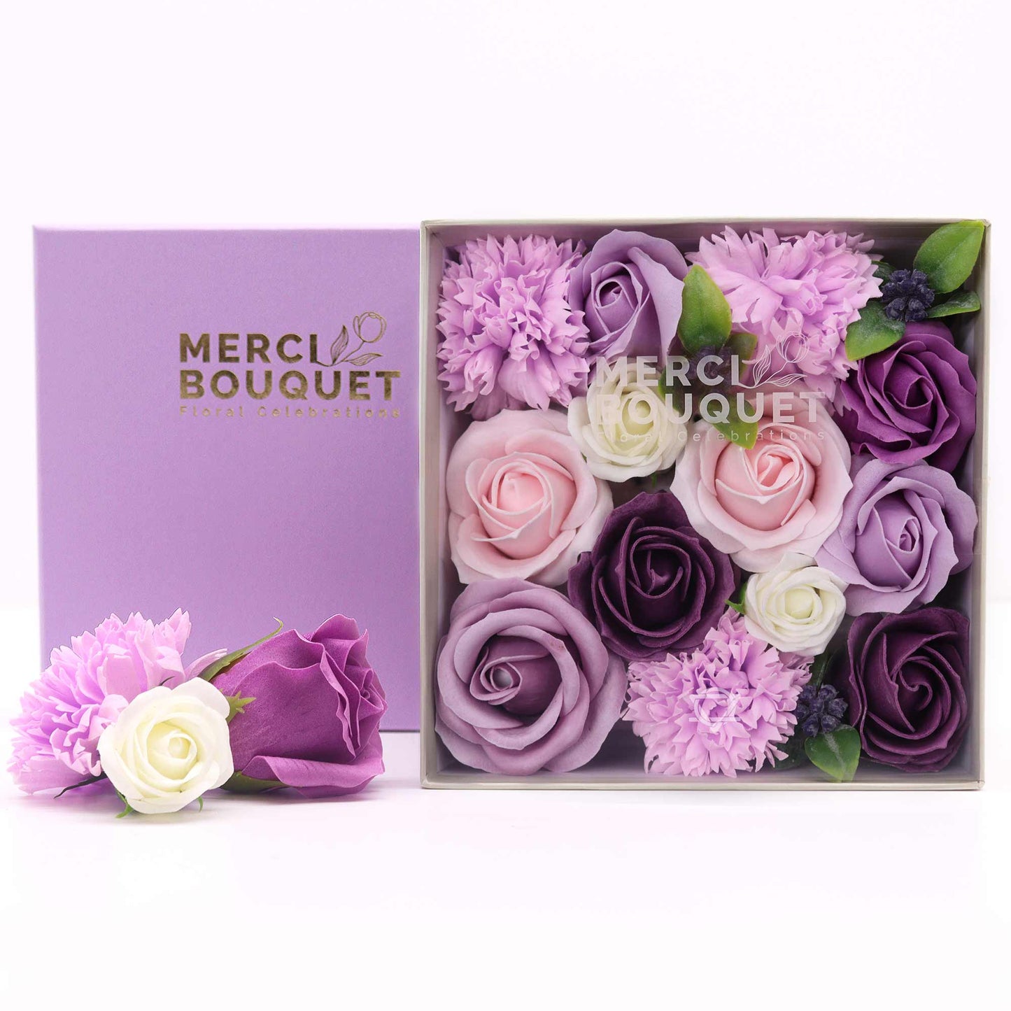 Soap Flower Gift Round Box - Square Box - Purple Roses & Carnations