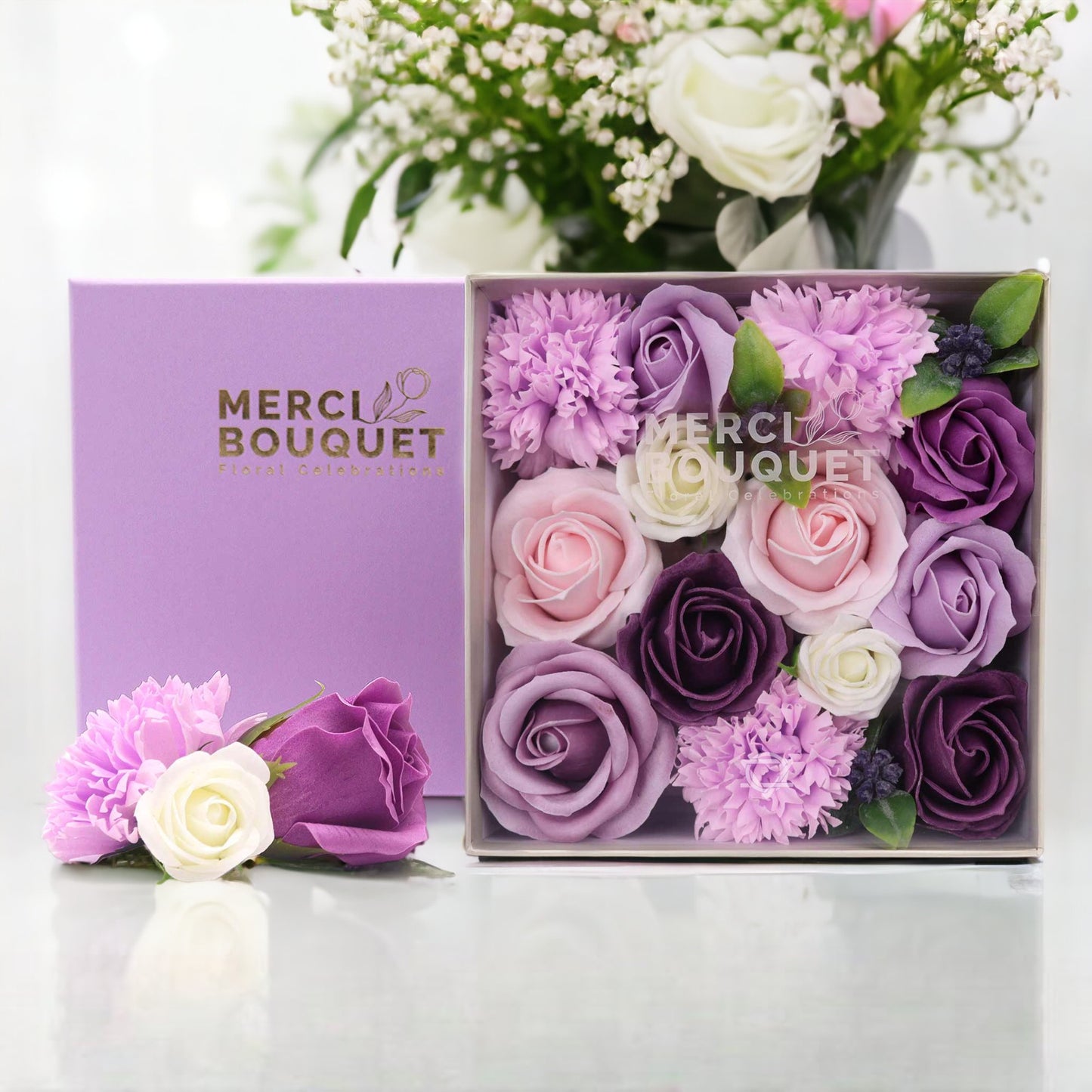Soap Flower Gift Round Box - Square Box - Purple Roses & Carnations