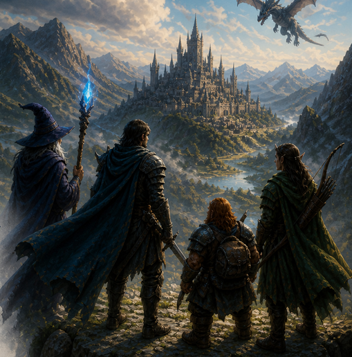 Four role play characters in front of a mystical landscape