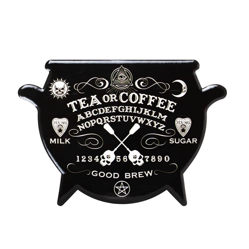 Black decorative coaster with tea and coffee design on a white background