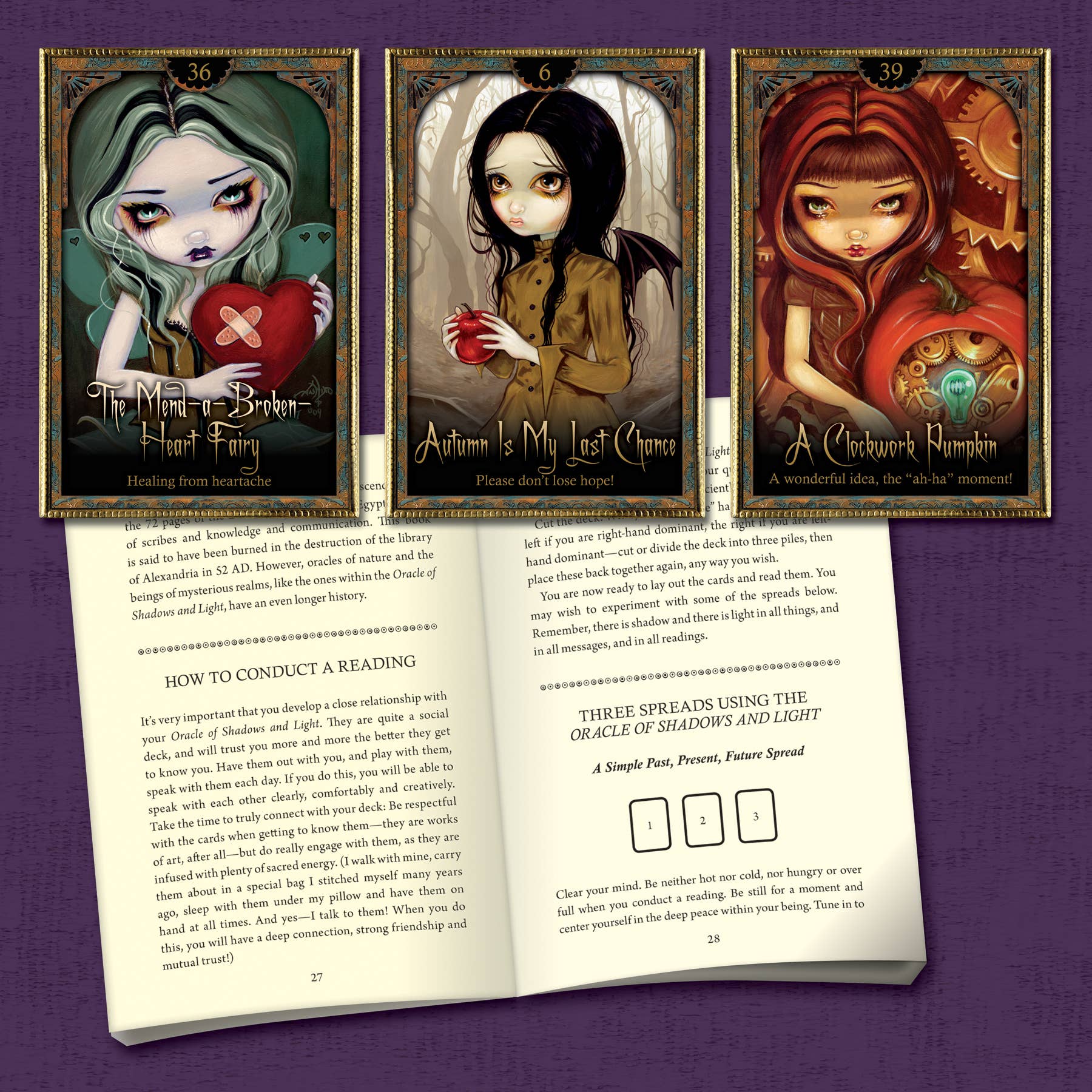 Three illustrated cards with characters and text on a purple background