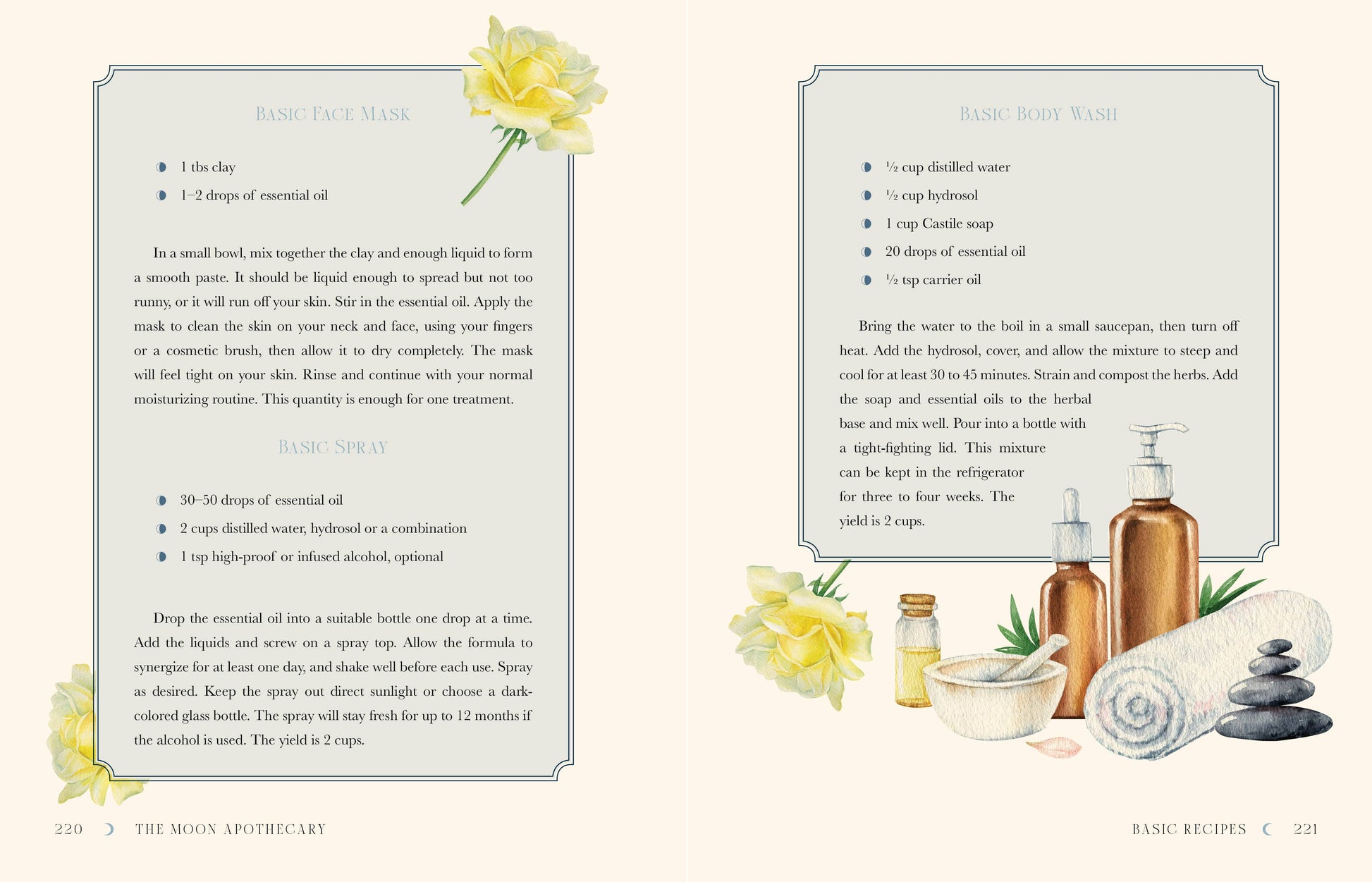 Page from a book with text and illustrations of essential oils and herbs on a white background