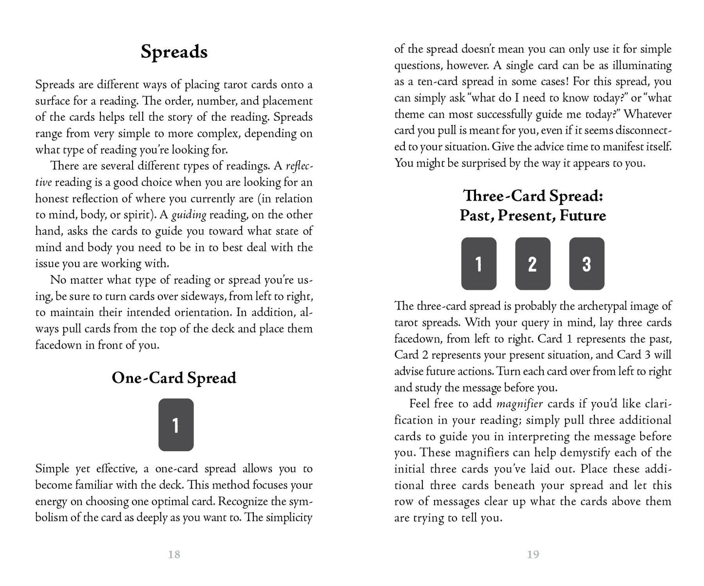 Page from a book about tarot card spreads with text and numbered cards.