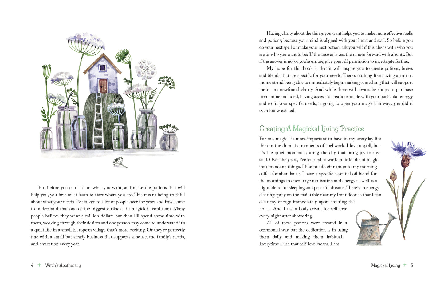 Page from a book with illustrations of a small house, plants, and a pot, accompanied by text.