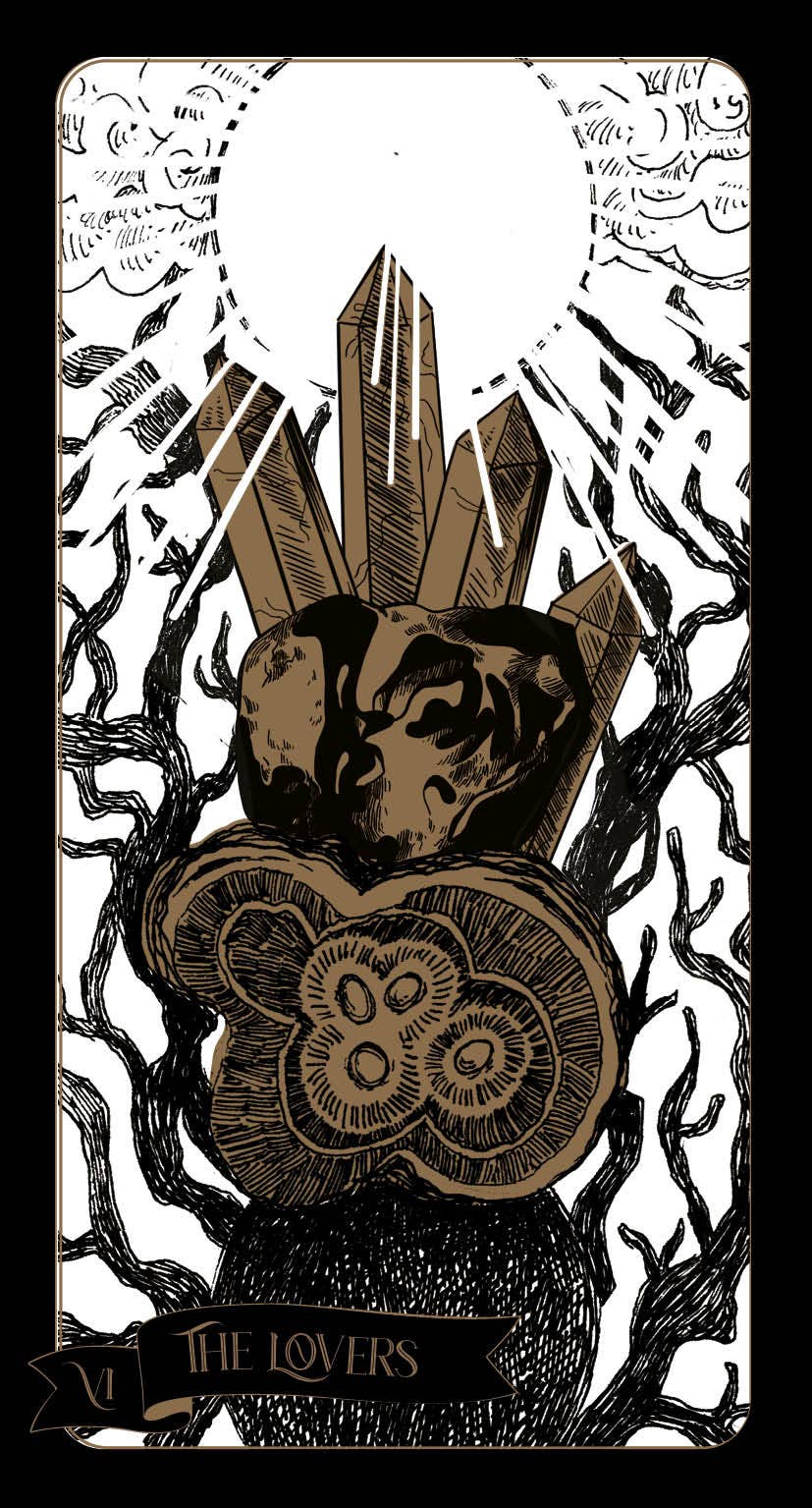 Tarot card featuring branches holding crystals with a black and white background