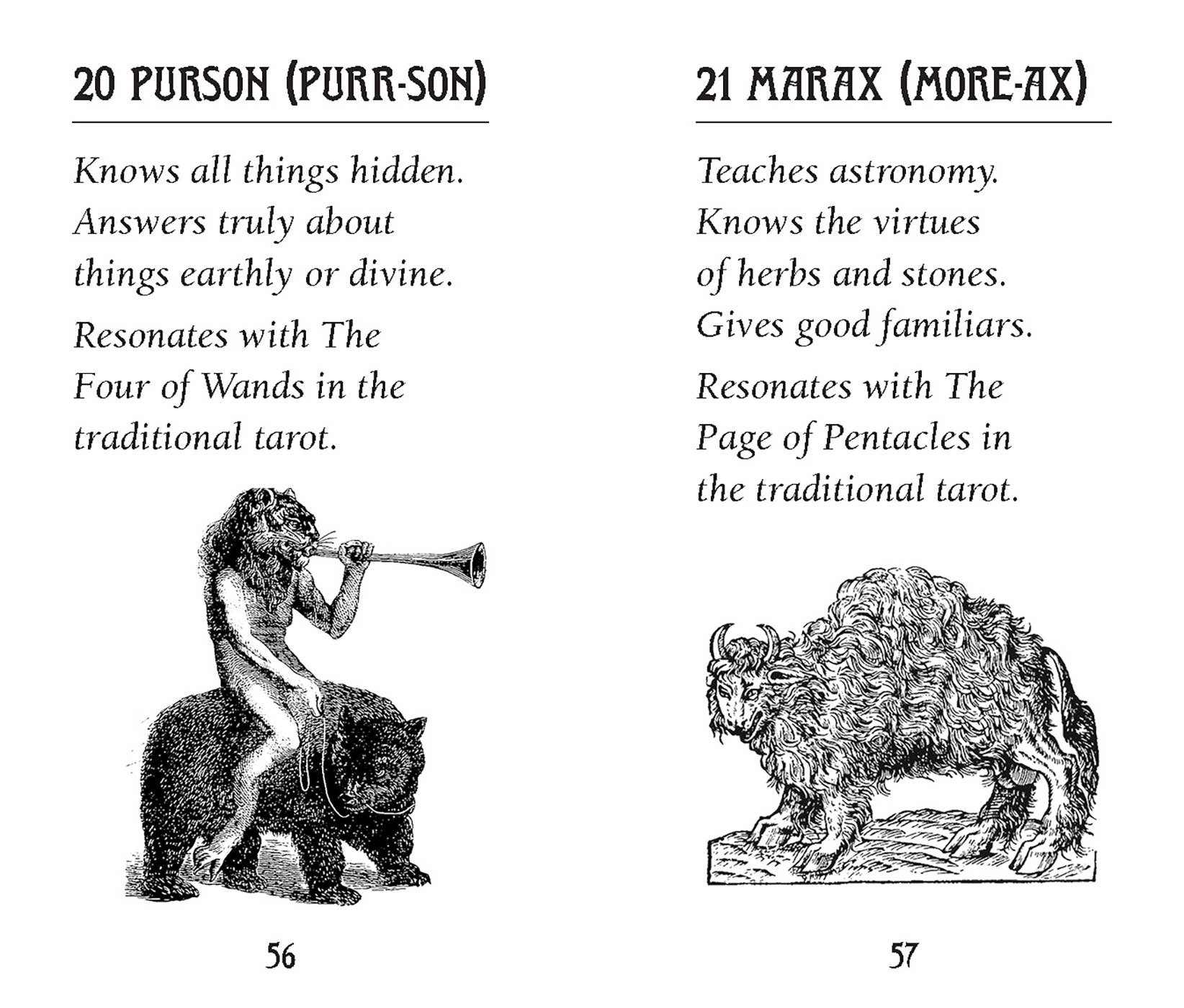 Two illustrations with text describing their meanings and correspondences in tarot, one featuring a person on a bear and the other a creature resembling a bison.