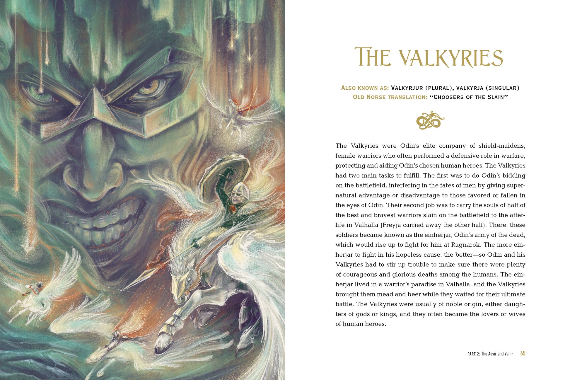 Illustration of a warrior with a Valkyrie and text about the Valkyries on a book page.
