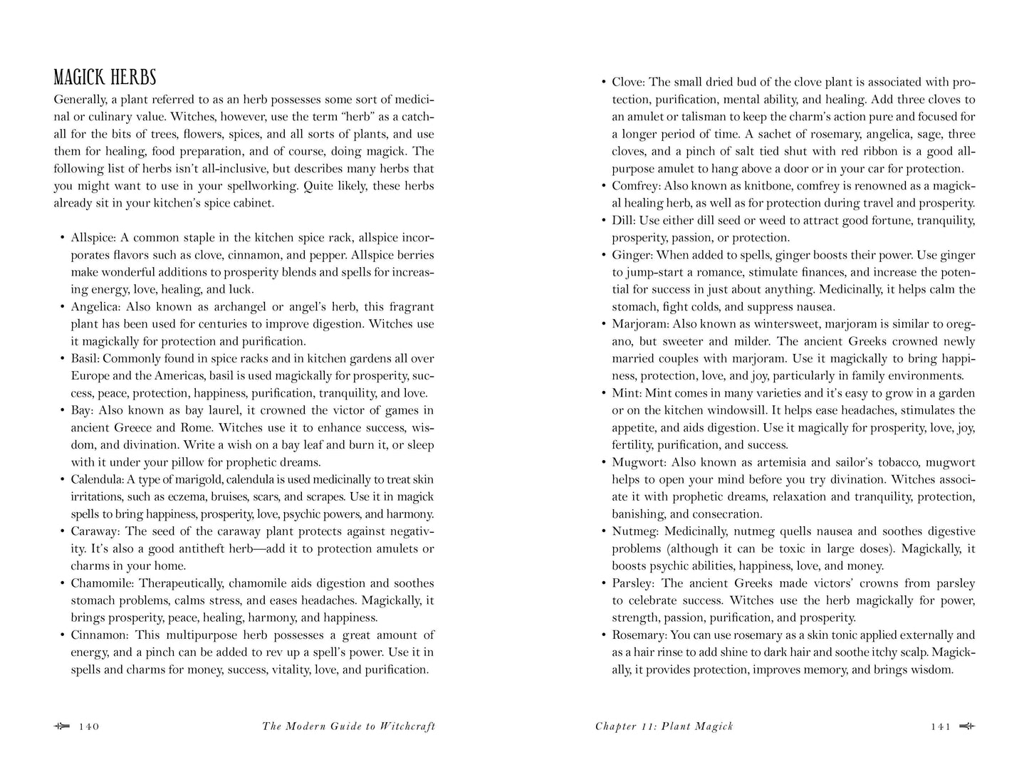 Page from a book about herbs with text on plant magic