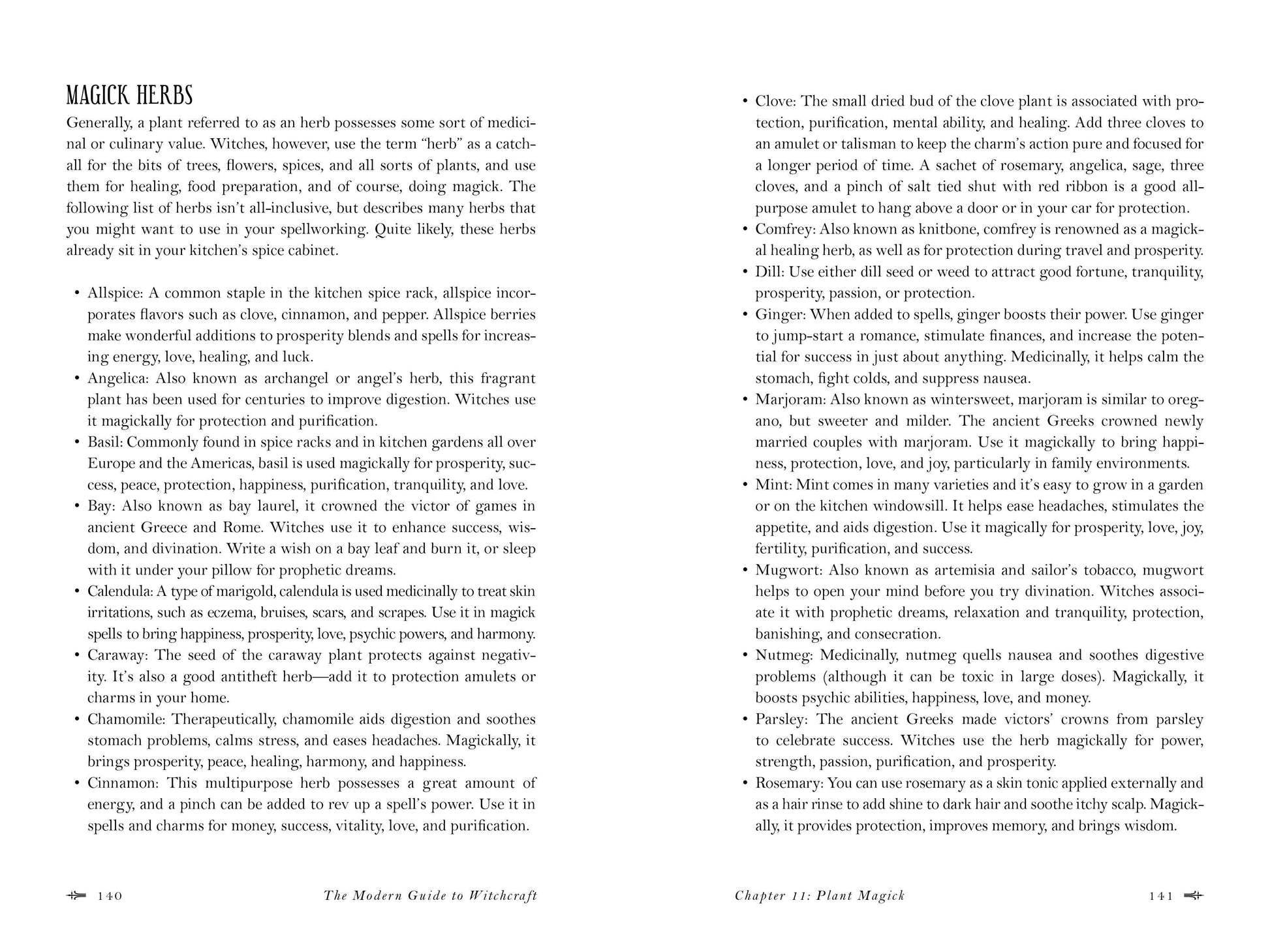 Page from a book about herbs with text on plant magic