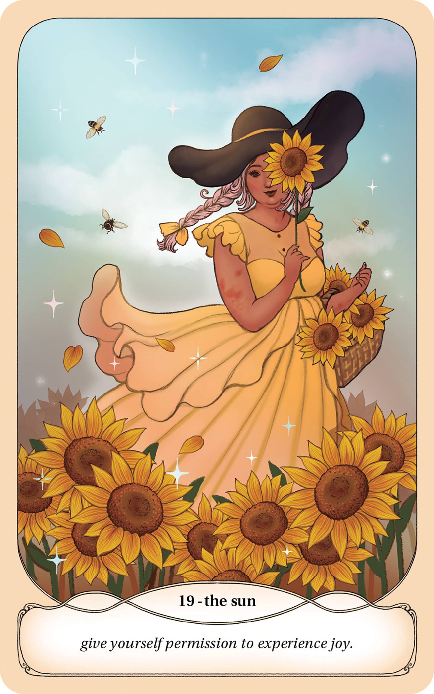 Card featuring a woman in a yellow dress with sunflowers and text '19 - the sun give yourself permission to experience joy.'