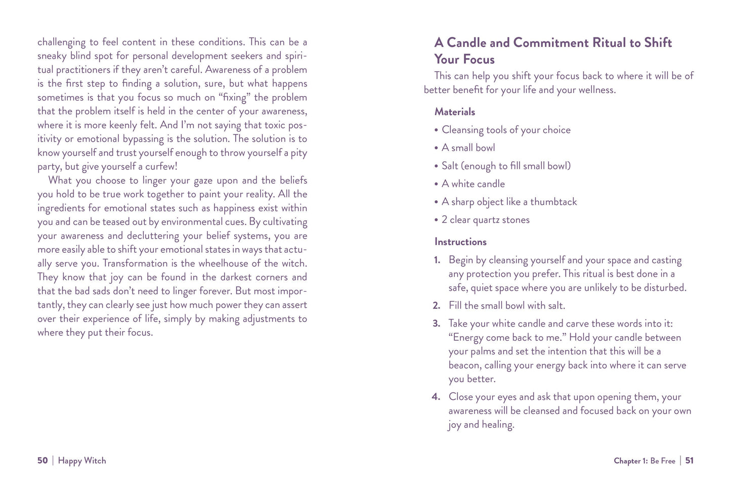 Text page from a book titled 'Happy Witch' with instructions for a candle and commitment ritual.