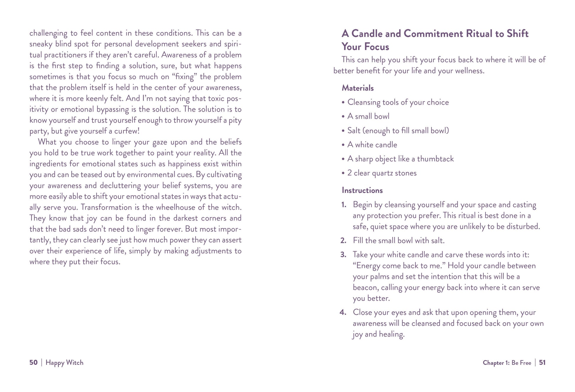 Text page from a book titled 'Happy Witch' with instructions for a candle and commitment ritual.