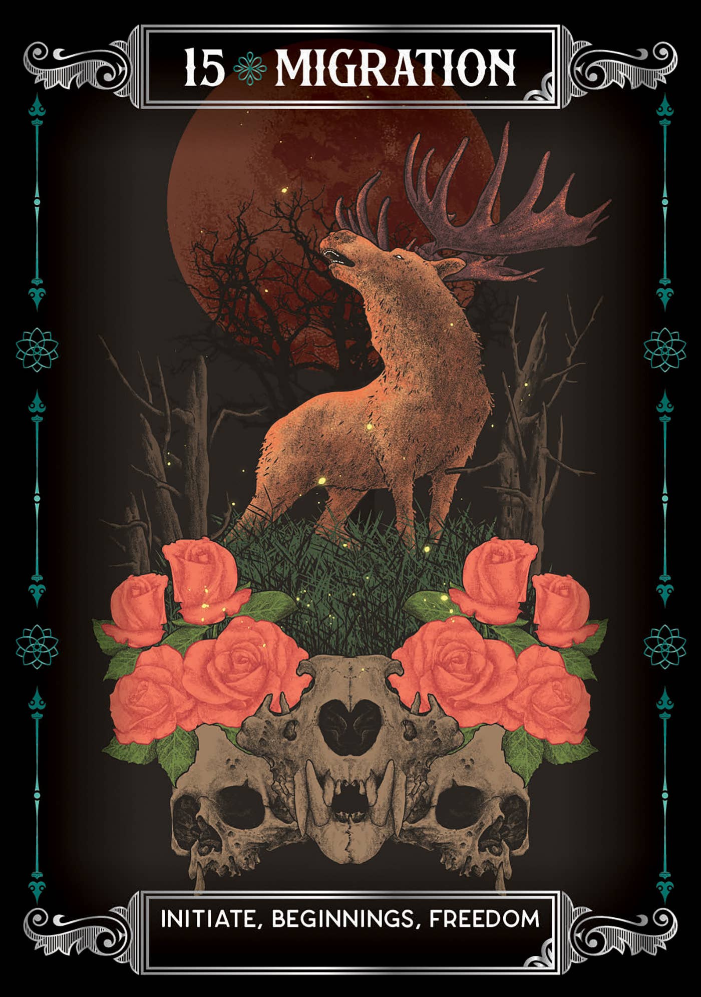 Artistic design with a deer, skull, and roses against a dark background with '15 Migration' text.