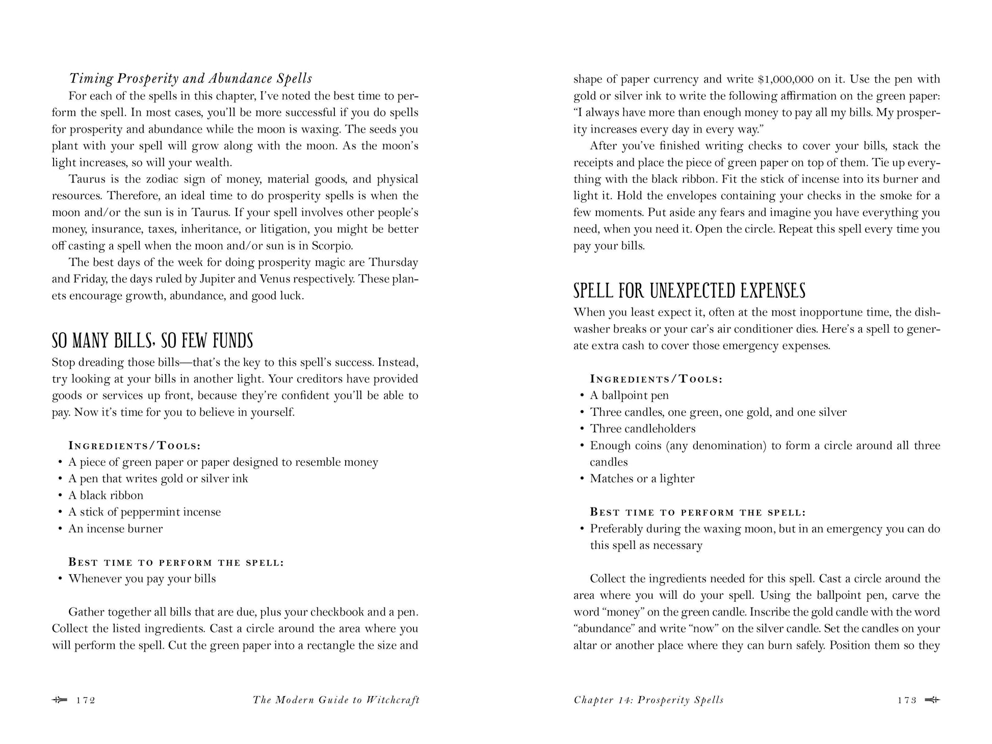 Page from a book with text on spells and rituals, including a spell for unexpected expenses.