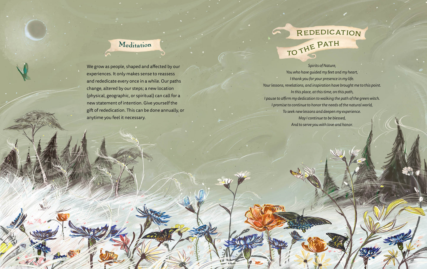 Page from a book with nature-themed text and illustrations on a green background