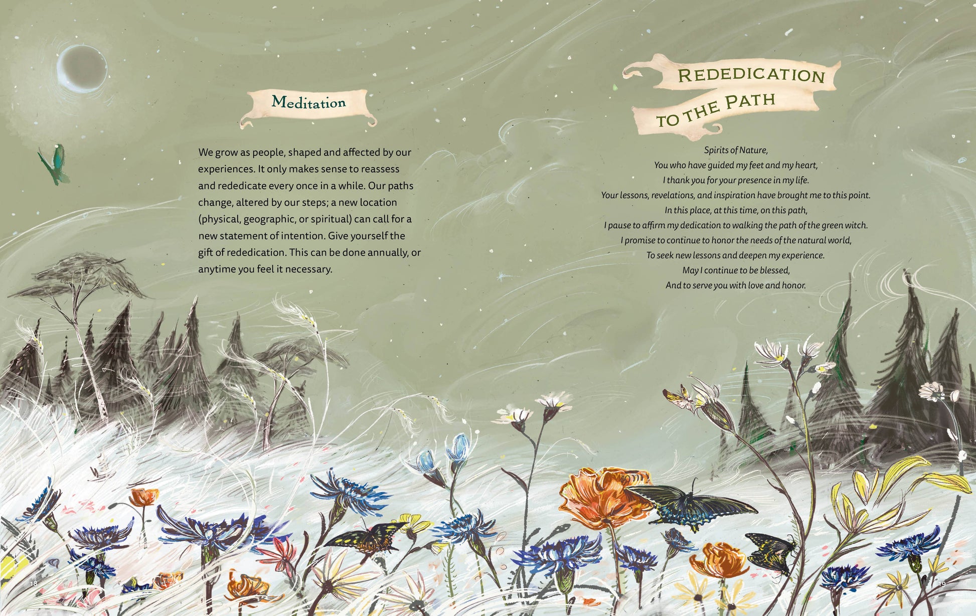 Page from a book with nature-themed text and illustrations on a green background