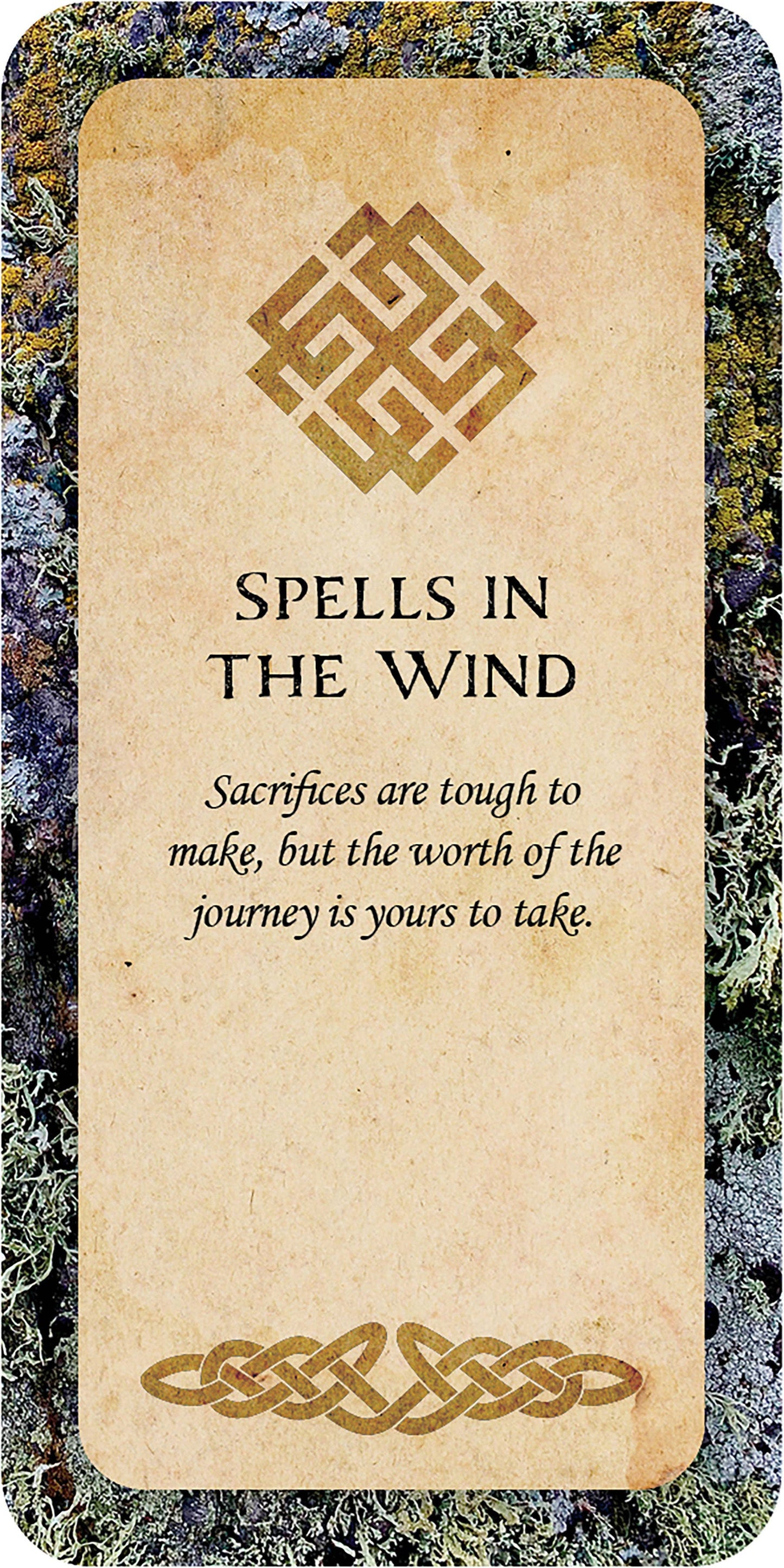 Card with text 'Spells in the Wind' and a decorative design on a textured background