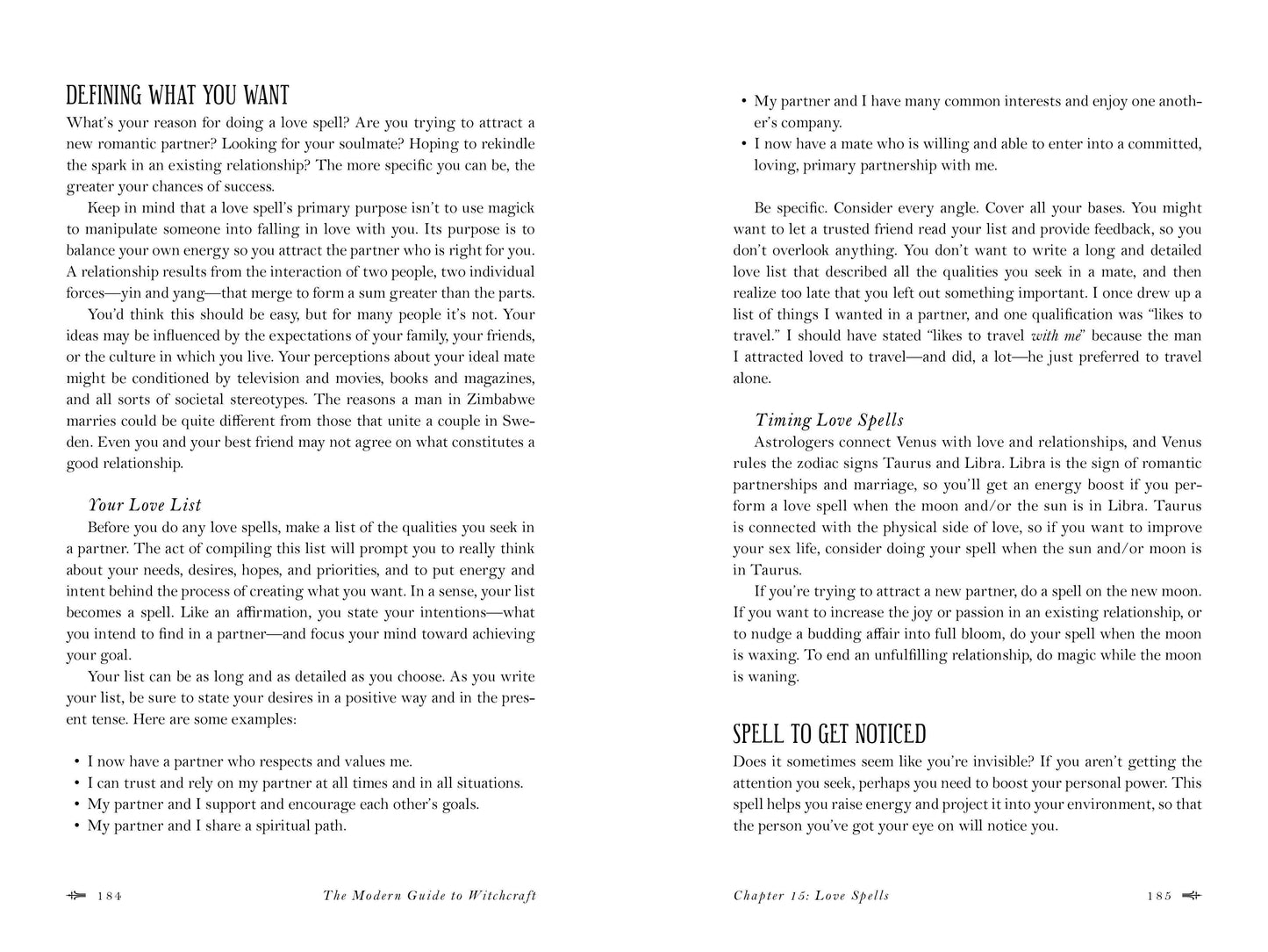 Page from a book titled 'The Modern Guide to Witchcraft' with text on love spells.