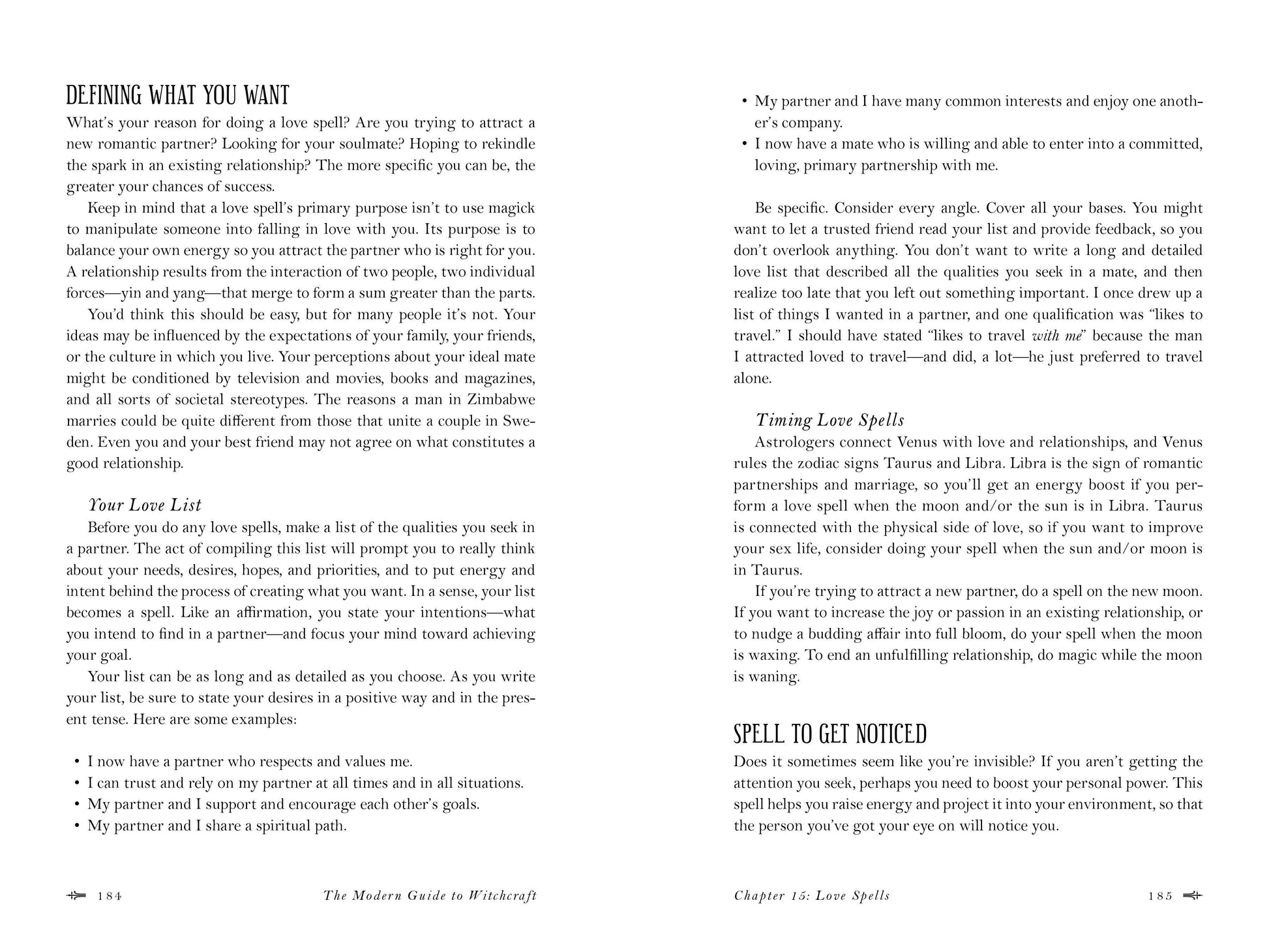 Page from a book titled 'The Modern Guide to Witchcraft' with text on love spells.