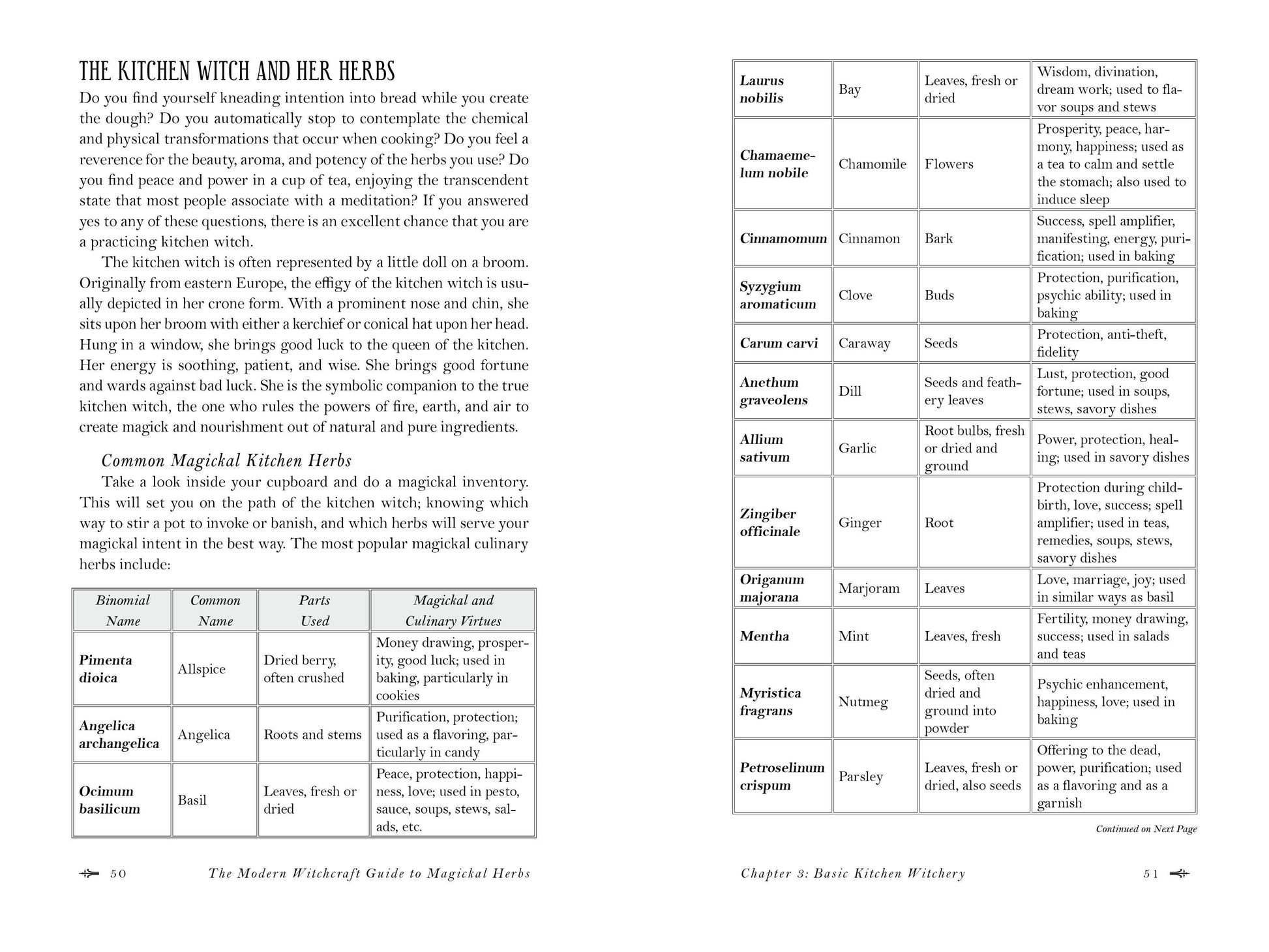 Page from 'The Modern Witchcraft Guide to Magical Herbs' with text and tables on herbs and their uses.